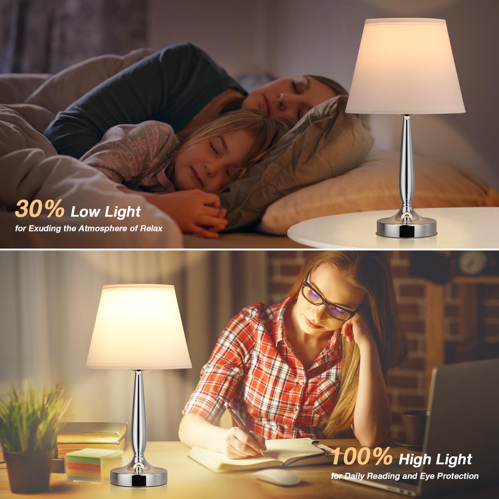 Kakanuo Touch Table Lamp - 3 Way Dimmable, USB C Charging, Small Size, White Shade, Silver Base, Model b53f05e9-8fa0-4