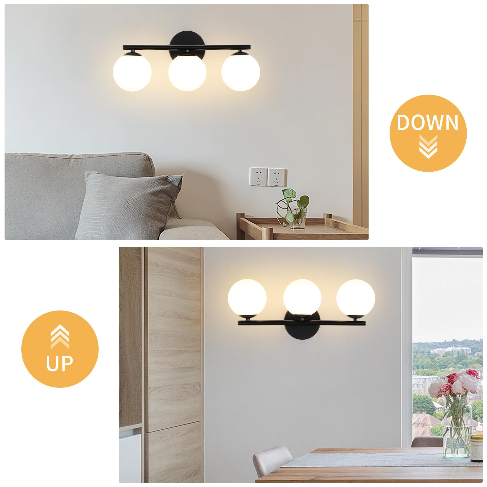 foucasal 3-Light Black Globe Bathroom Vanity Light, 11.81" Wall Sconce with Milk White Shades, Model ULYQBD47-3A
