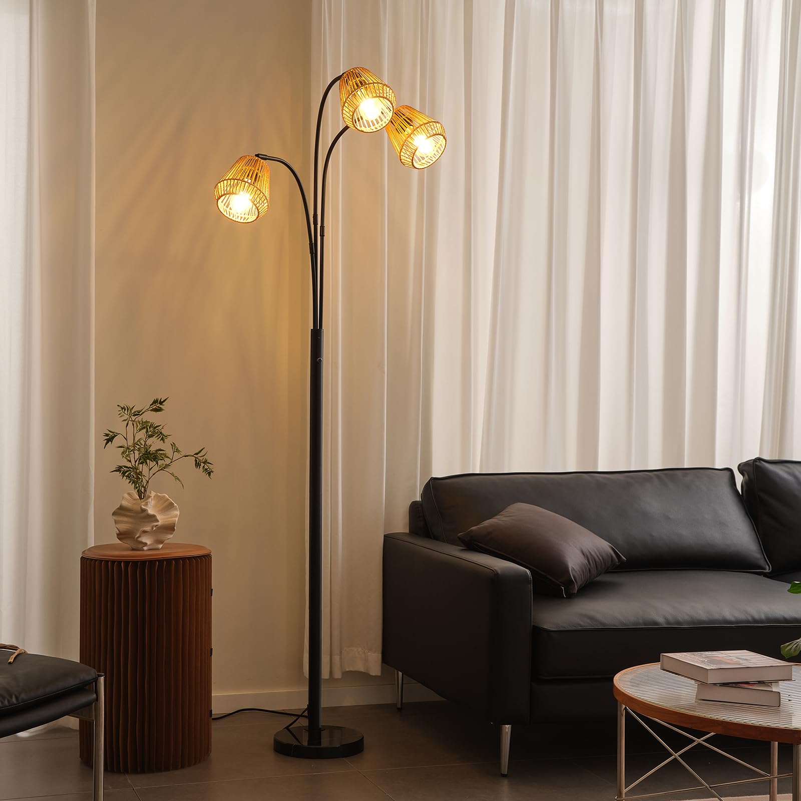 GHCKER Rattan Floor Lamp - 72" Tall Boho Arc Lamp with Wicker Shade, Black, Model BQ002 for Living Room, Coastal & Rustic Decor