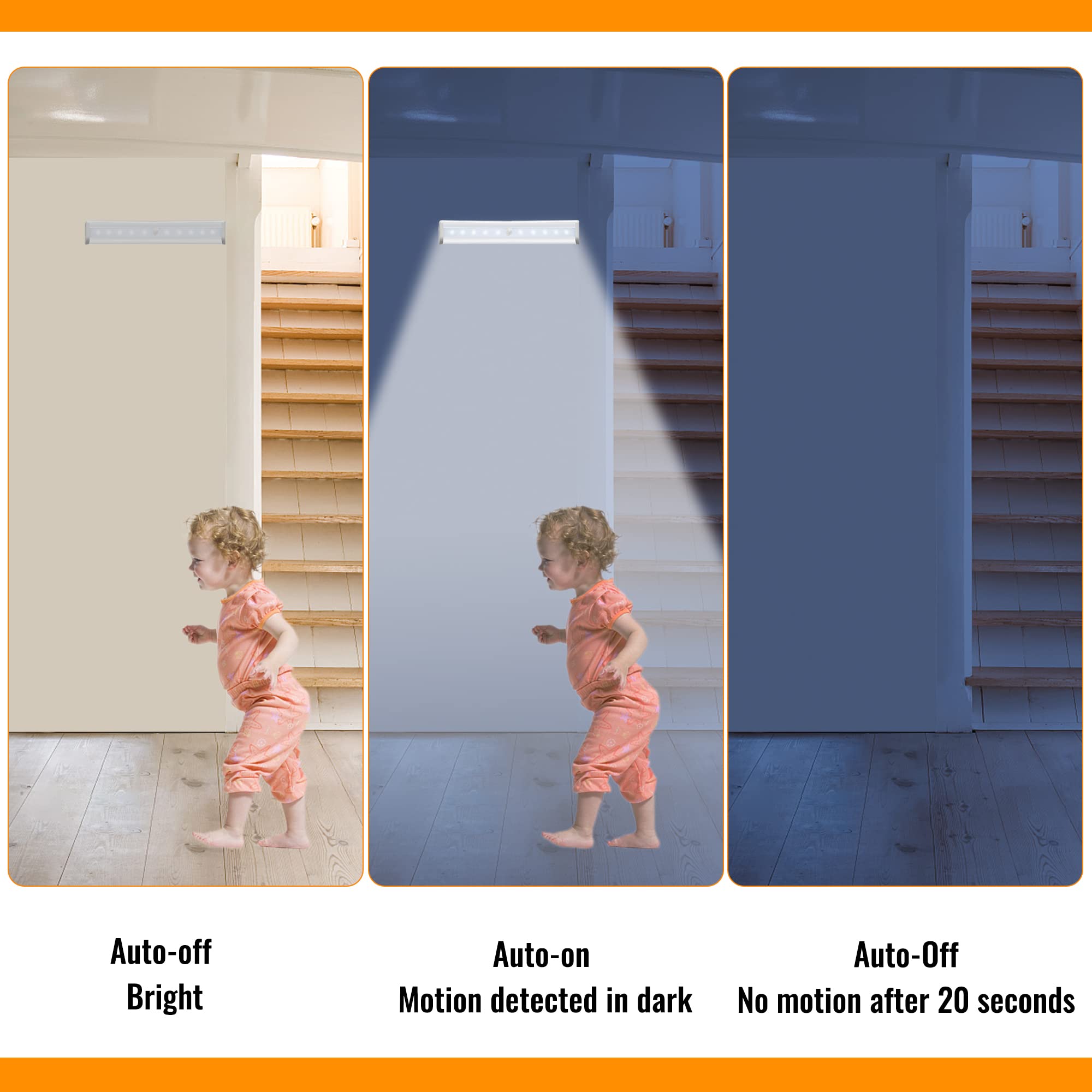 Molrebe Motion Sensor LED Lights, 10-LED Magnetic Night Light Bar, Battery Operated for Closet, Kitchen, Hallway, Pack of 6, ABS Material