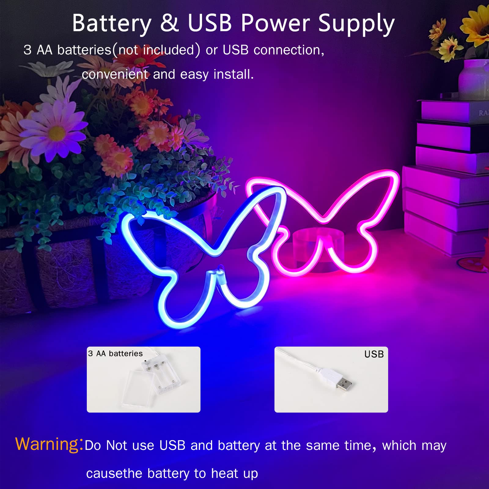 Bernicekelly 2-Piece Butterfly Neon Light - Pink & Blue Led Wall Decor For Kids Room & Parties