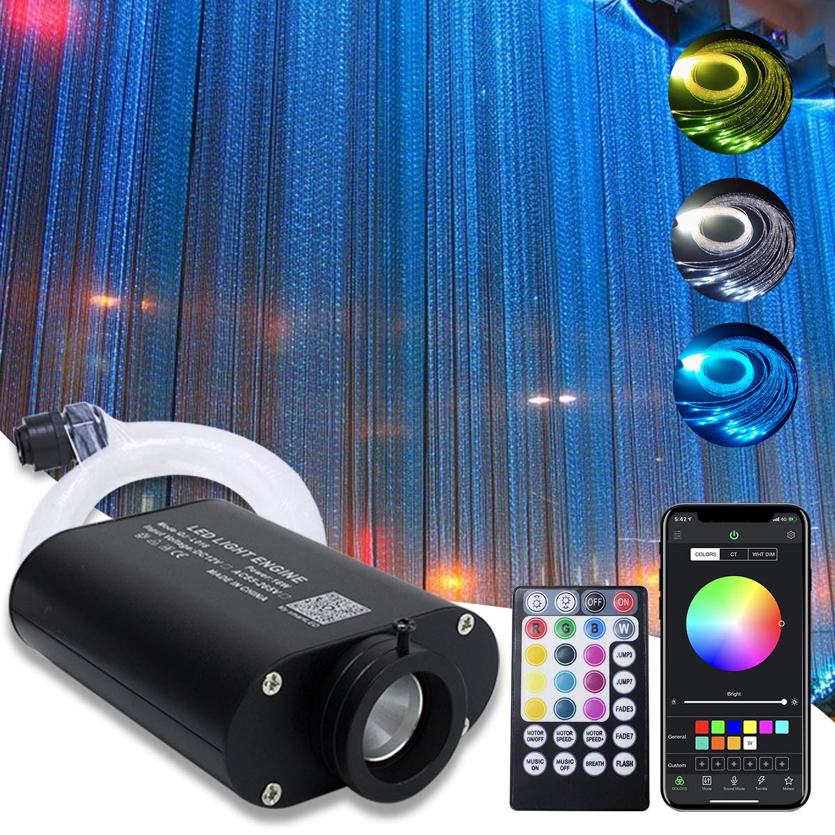 AMKI 16W RGBW Fiber Optic Curtain Light Kit, 300 Strands, 6.5ft, Multicolor, Smart App Control