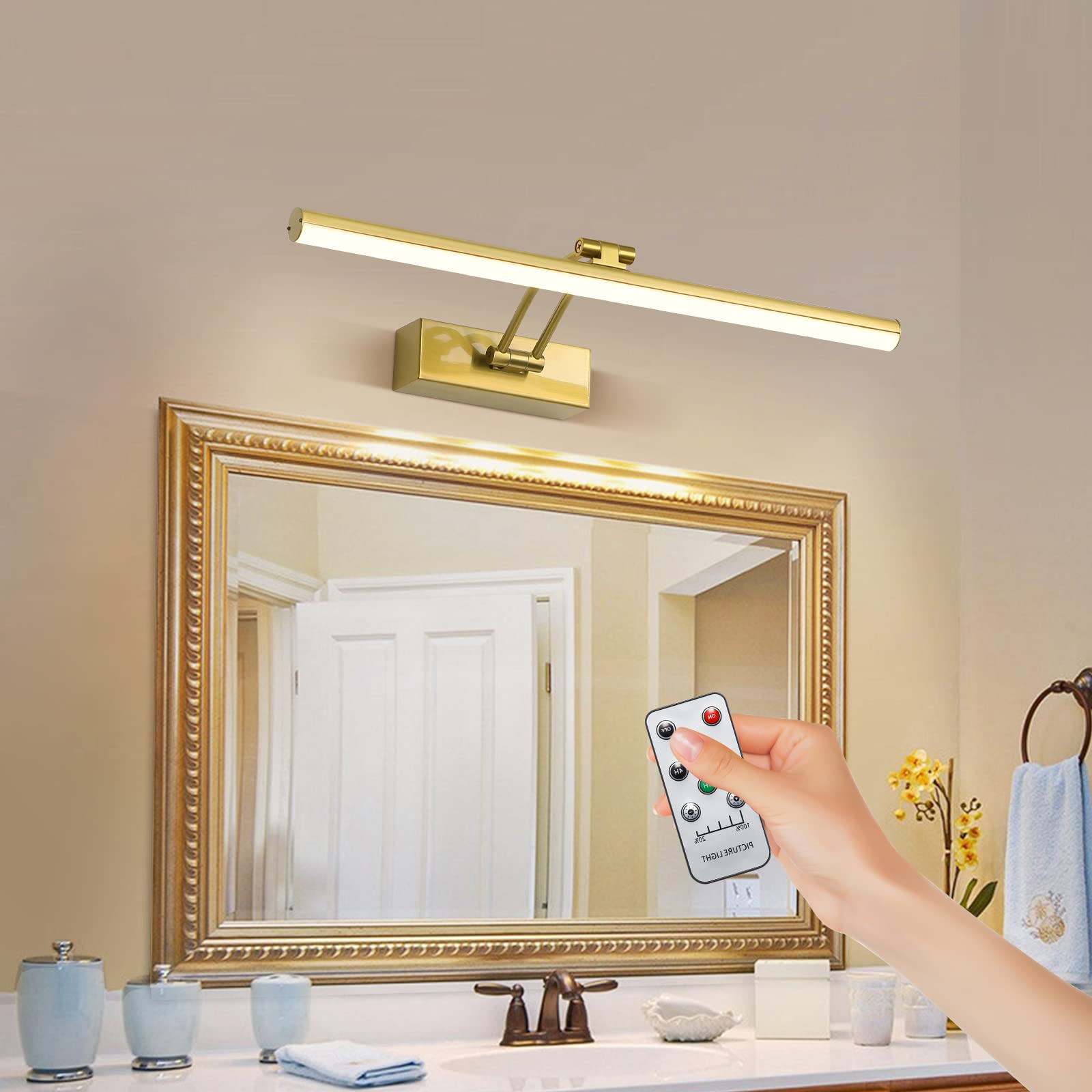 Funchday Wireless Picture Light,5000Mah Battery Operated Picture Light With Remote, Art Light With Timer,16“ Full Metal Picture Frame Light For Paintings, Gallery,Wall (Brass)