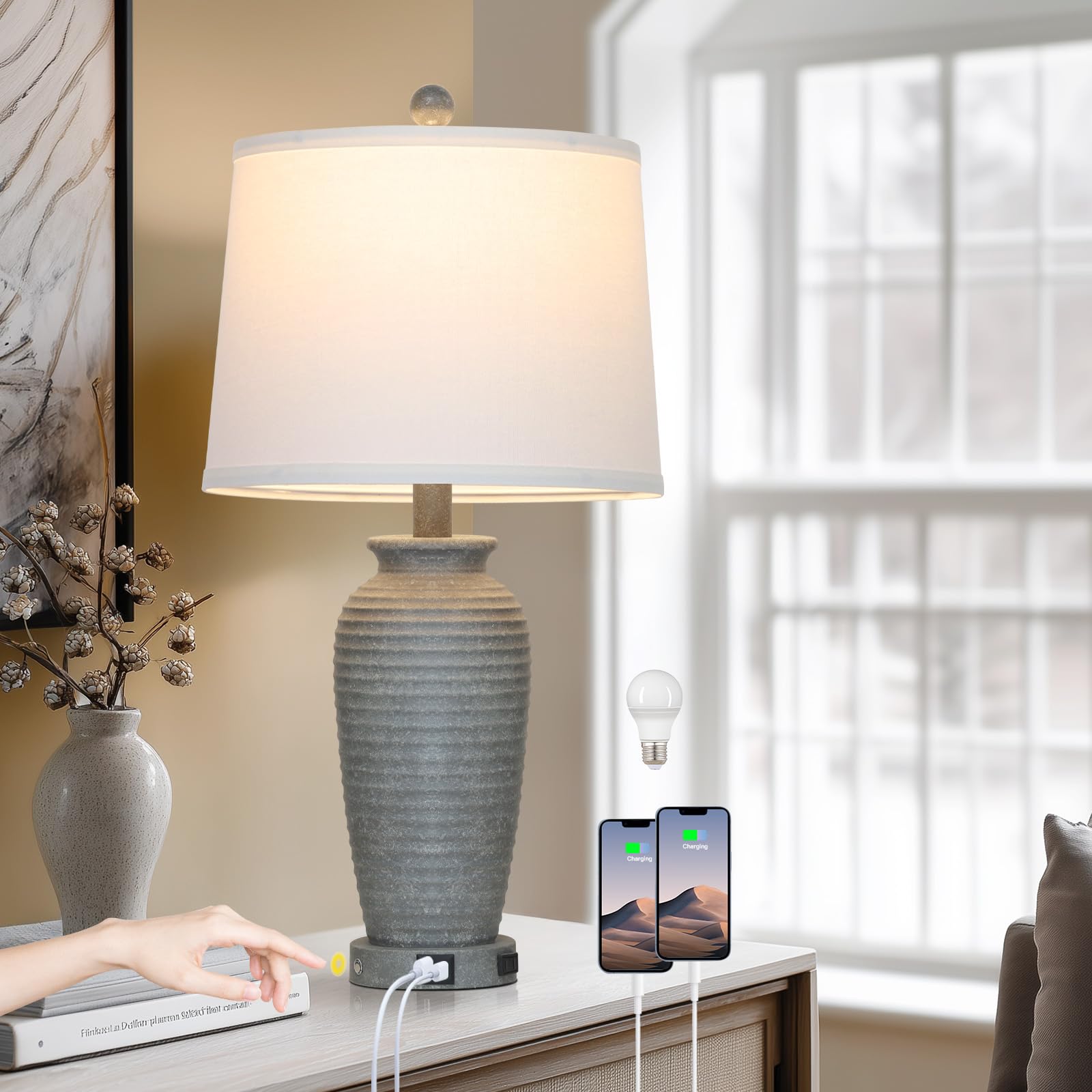 CINSARY 25 Grey Farmhouse Jar Table Lamps, 3 Way Touch Control Rustic Bedside Lamps with USB A+C Ports & AC Outlet, Pot Nightsta
