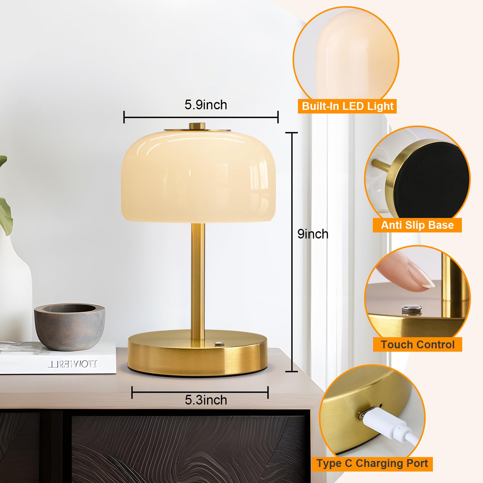 PORTRES Cordless Table Lamp Rechargeable Battery Operated Mushroom lamp Opal Glass Shade 3 Way Dimmable LED Touch Outdoor Lamp f