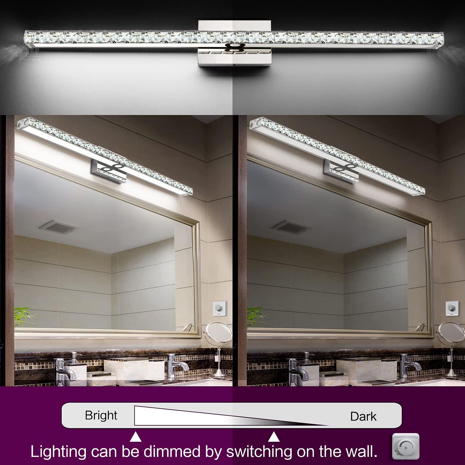 SOLFART 40-Inch Dimmable Crystal Bathroom Vanity Light Fixture - White Light Over Mirror