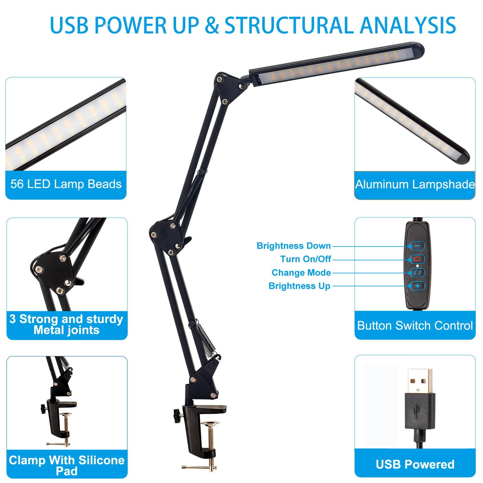 Taigeguang LED Desk Lamp,Eye-Caring Metal Swing Arm Desk Lamp with Clamp,10 Dimmable Brightness 3 Light Modes Reading Lamp,Desk