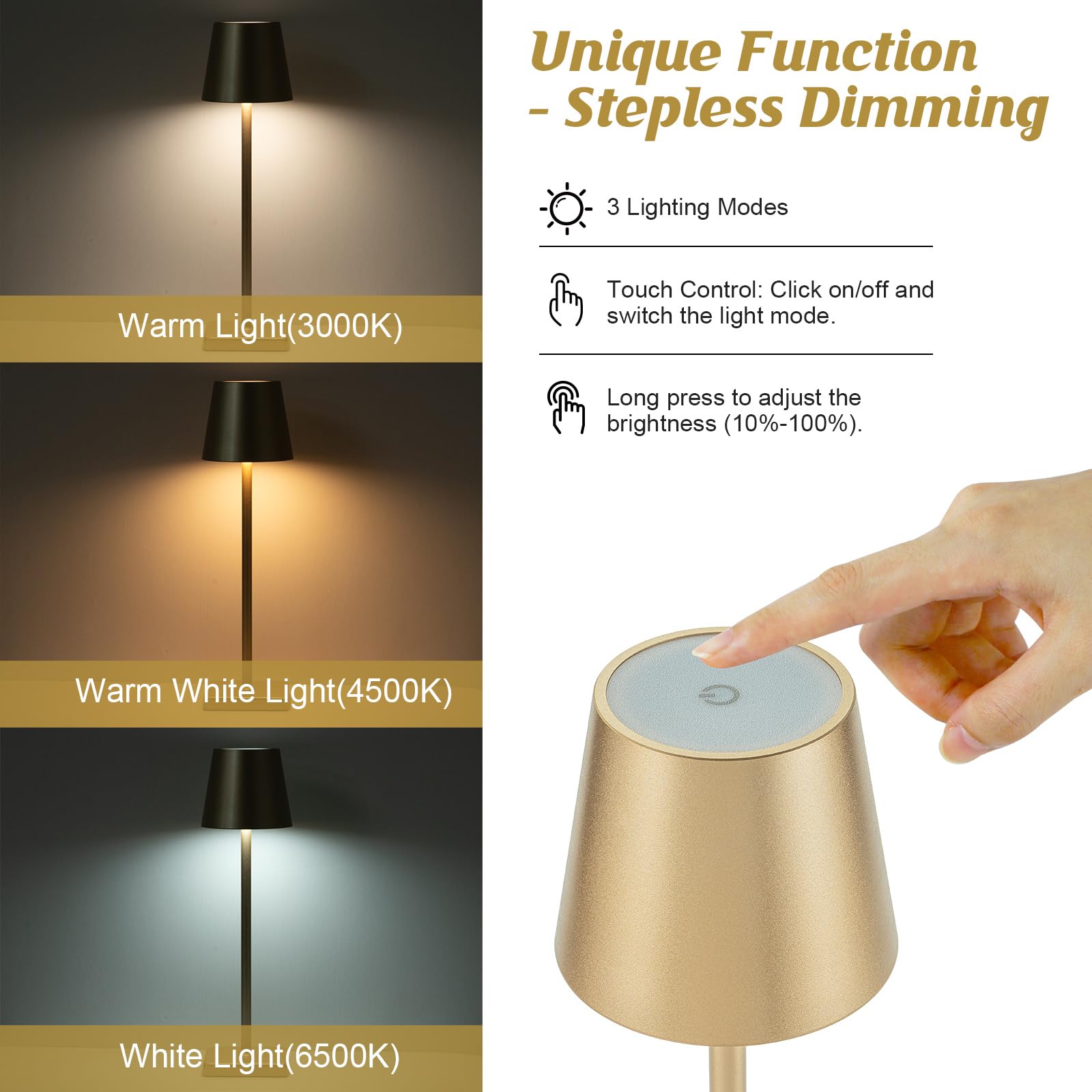 Hasun Gold Cordless Table Lamp, Aluminum Shell Led Rechargeable Desk Lamp, 3W 5200Mah Battery Operated Table Light, 3 Color Step
