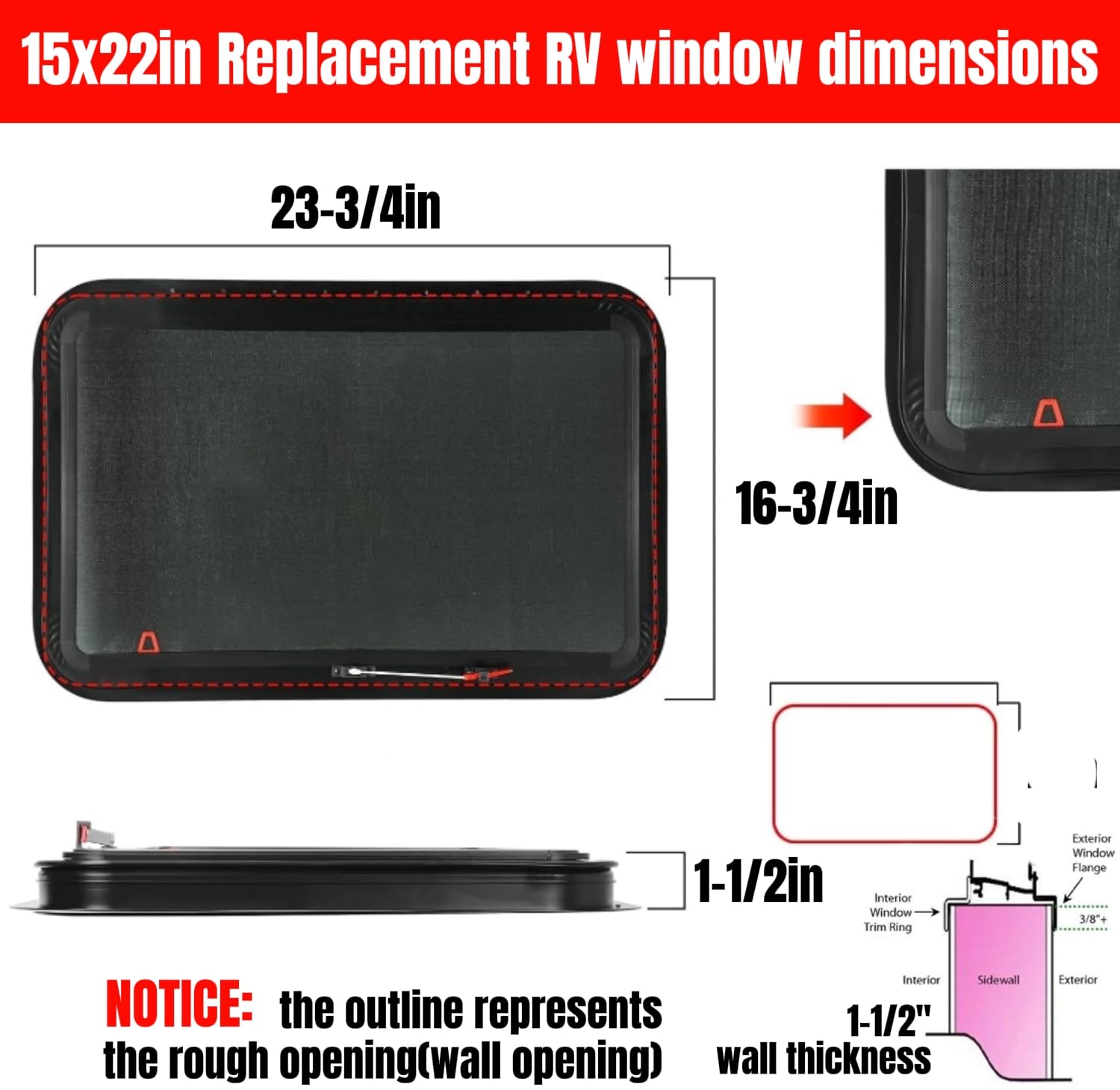 RV MURTS Aluminum RV Exit Window 15in x 22in, Polycarbonate, Black, Model RWEXIT1522, with Trim Kit and Screen for Trailers