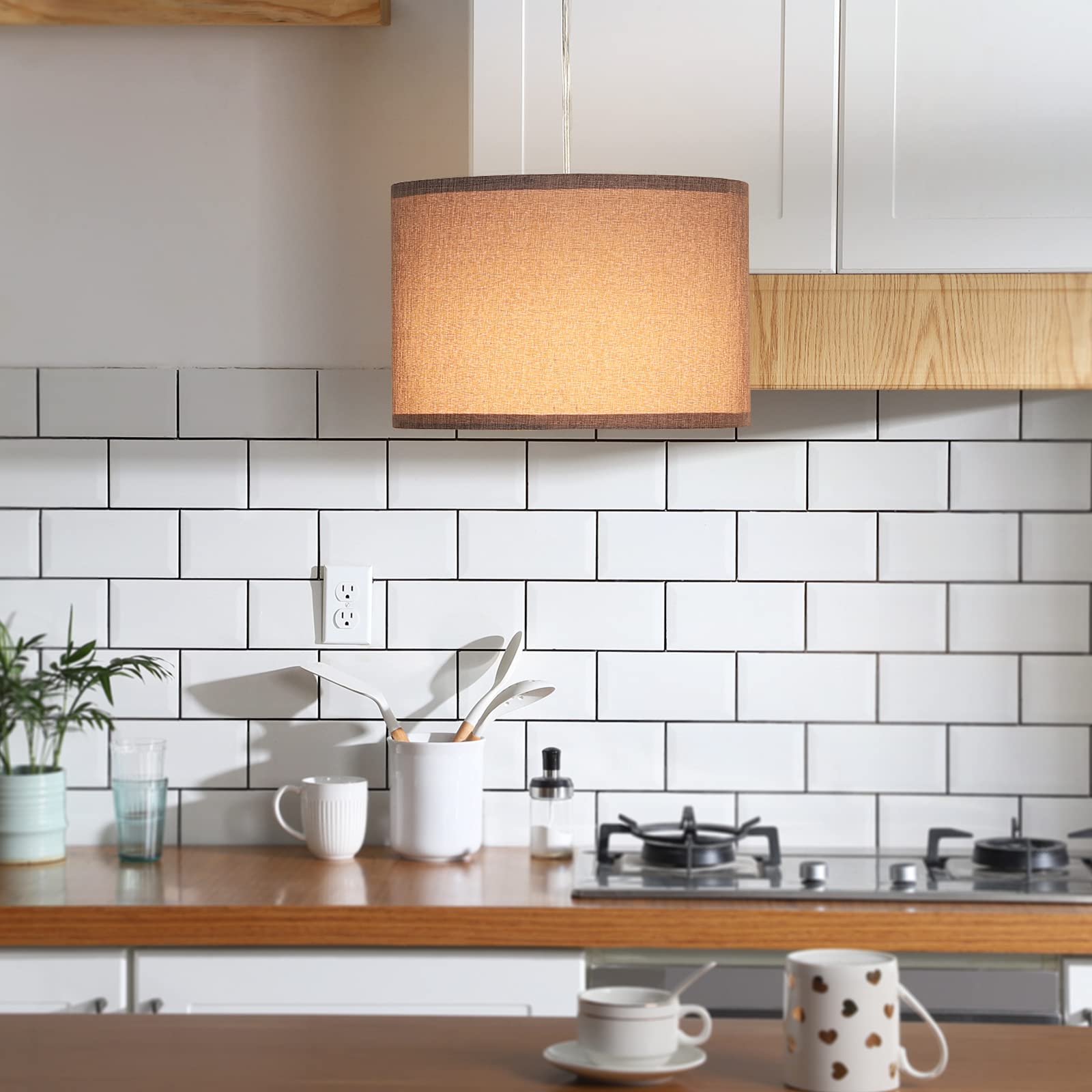 Dewenwils Plug In Wall Light, Hanging Lamp With 15Ft Clear Cord, On/Off Switch, Gray Fabric Lampshade, Hanging Light Fixtures Fo