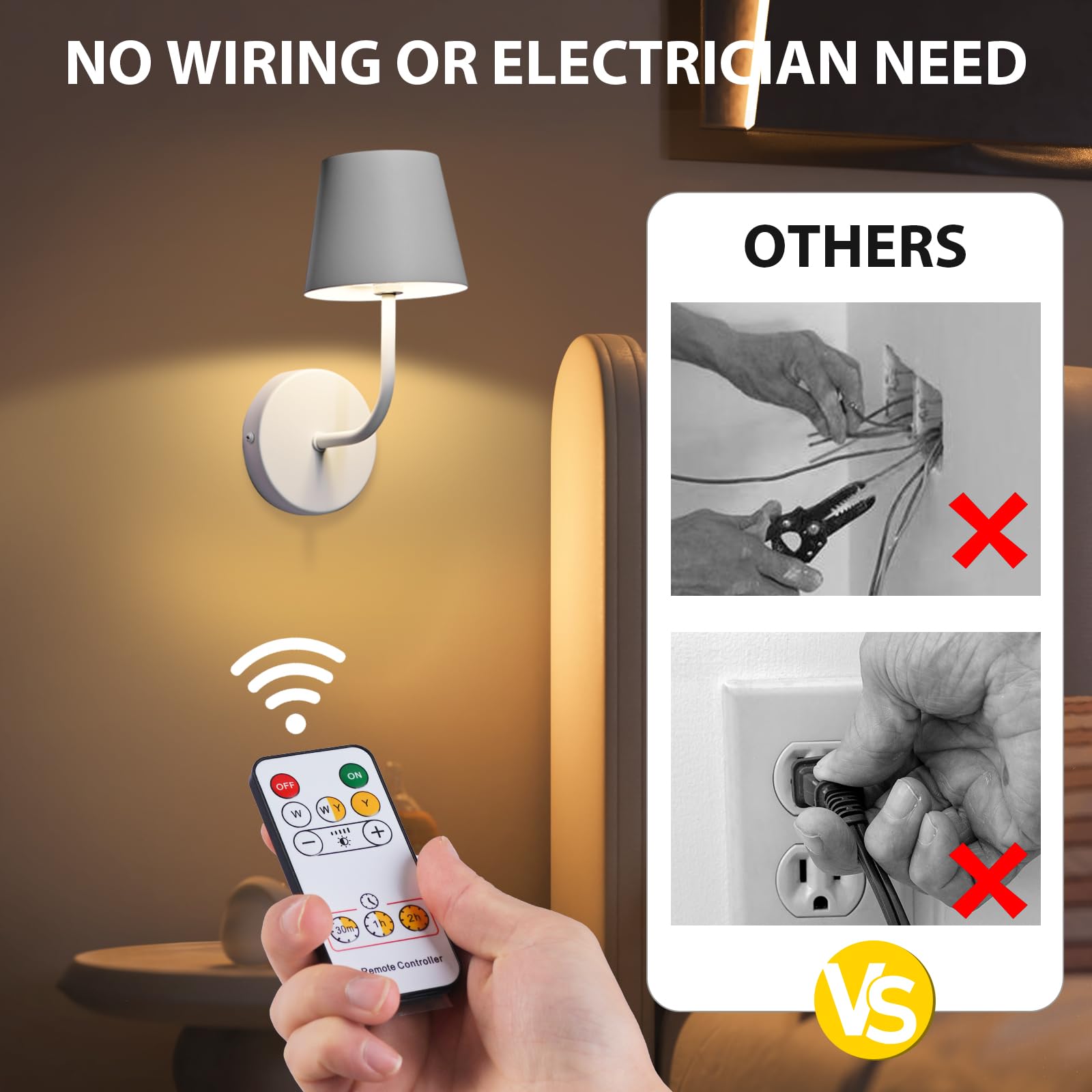 IMQSQIK LED Wall Lamp Set of 2, Rechargeable 5600mAh, Touch Control, White, Model RQ-14-2Pack