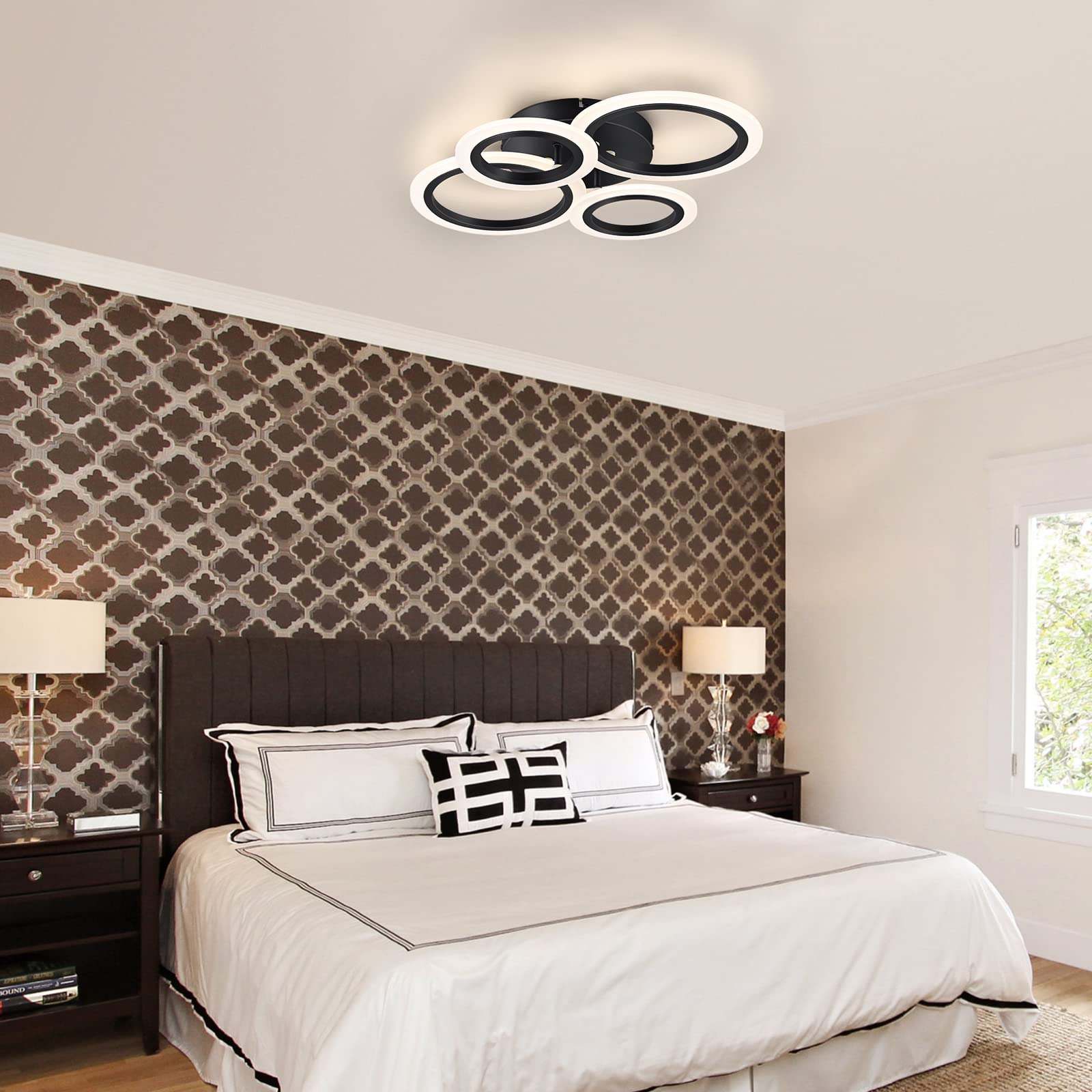 Teminbu Modern Led Ceiling Light, Black 4 Rings Flush Mount Ceiling Light, 4000K Lighting Fixture Ceiling Lamp For Kitchen, Bedroom, Living Room, Laundry Room