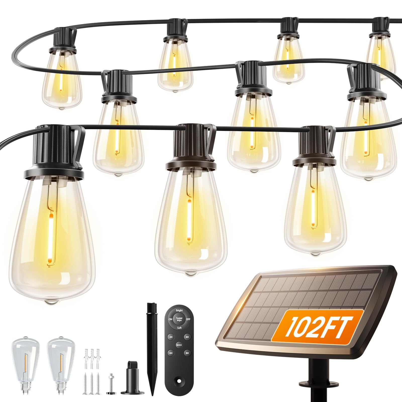 addlon 102FT(96+6) Solar String Lights Outdoor with Remote, 48 LED Dimmable Waterproof Patio Hanging Lights (2FT Bulb Spacing), 