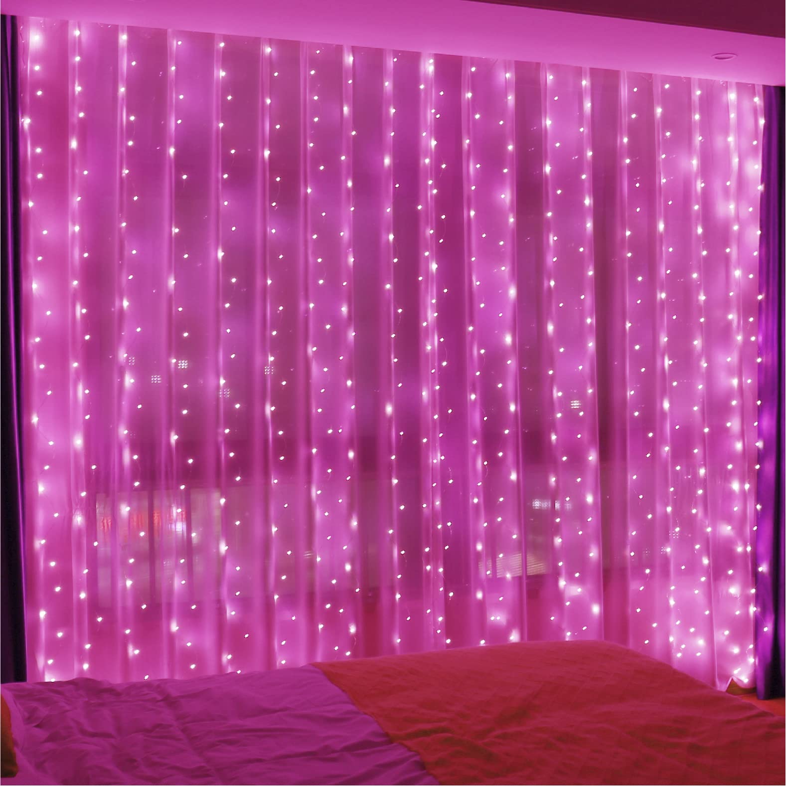 Zsjwl 300 Led Pink Curtain Fairy Lights With Remote, 8 Modes 9.8 × 9.8 Ft Waterproof Usb Plug In Copper Wire Lights For Bedroom Window Chrismas Wedding Party