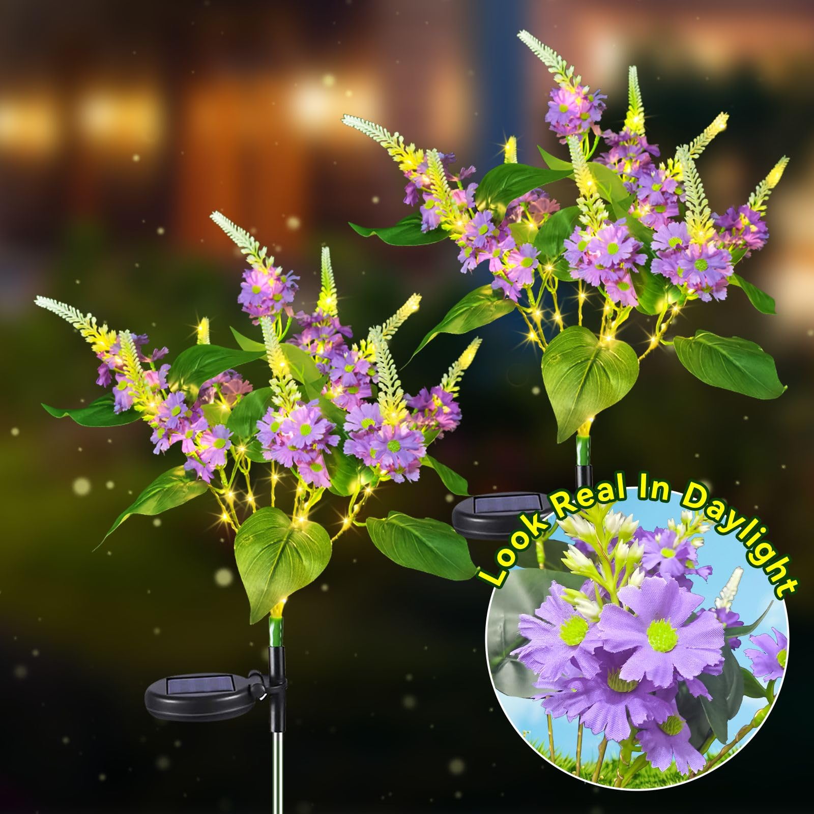 Neporal Solar Flowers Outdoor Waterproof Garden Lights, 8-Stem, 2 Lighting Modes, Purple-2PK