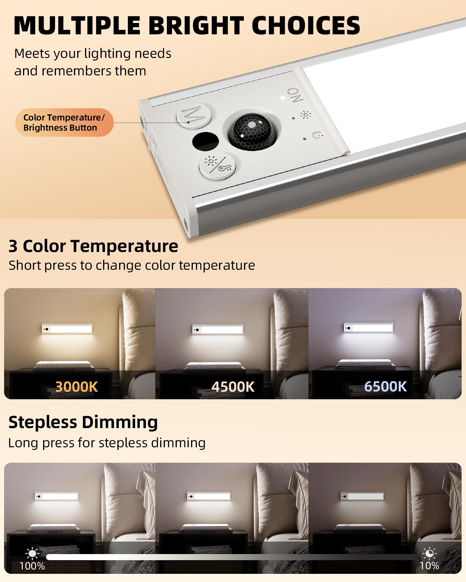 EZVALO 12" Under Cabinet Lighting - Rechargeable Motion Sensor, Dimmable, Magnetic, 3 Color Temperatures, Aluminum (2 Pack)