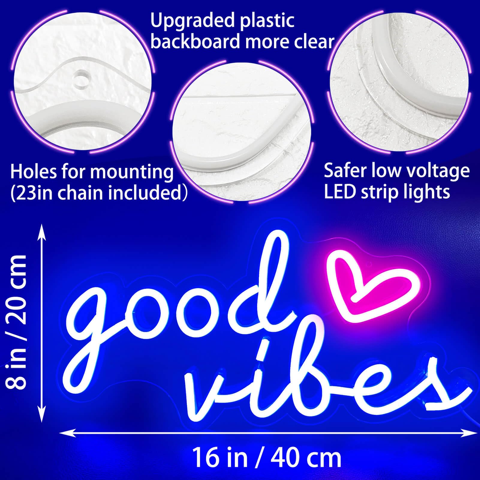 HOHOSIGN Blue Neon Good Vibes Sign, LED Wall Decor for Bedroom, 16.5x11x0.6in, Silicone Material