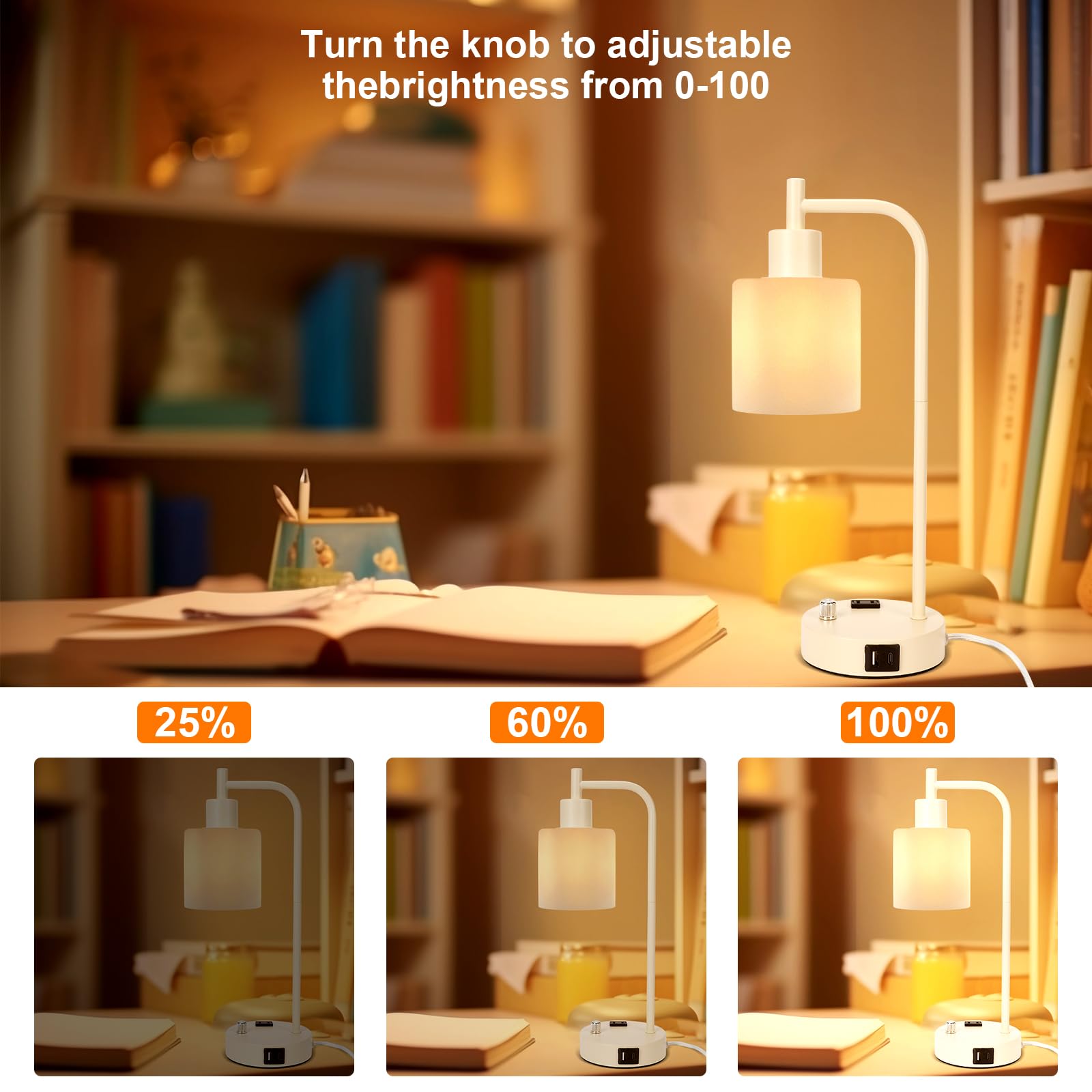 GLITI Industrial Table Lamp - Stepless Dimmable, 2 USB Ports, AC Outlet, Frosted Glass, Gold, Model T189, Perfect for Bedroom & Living Room