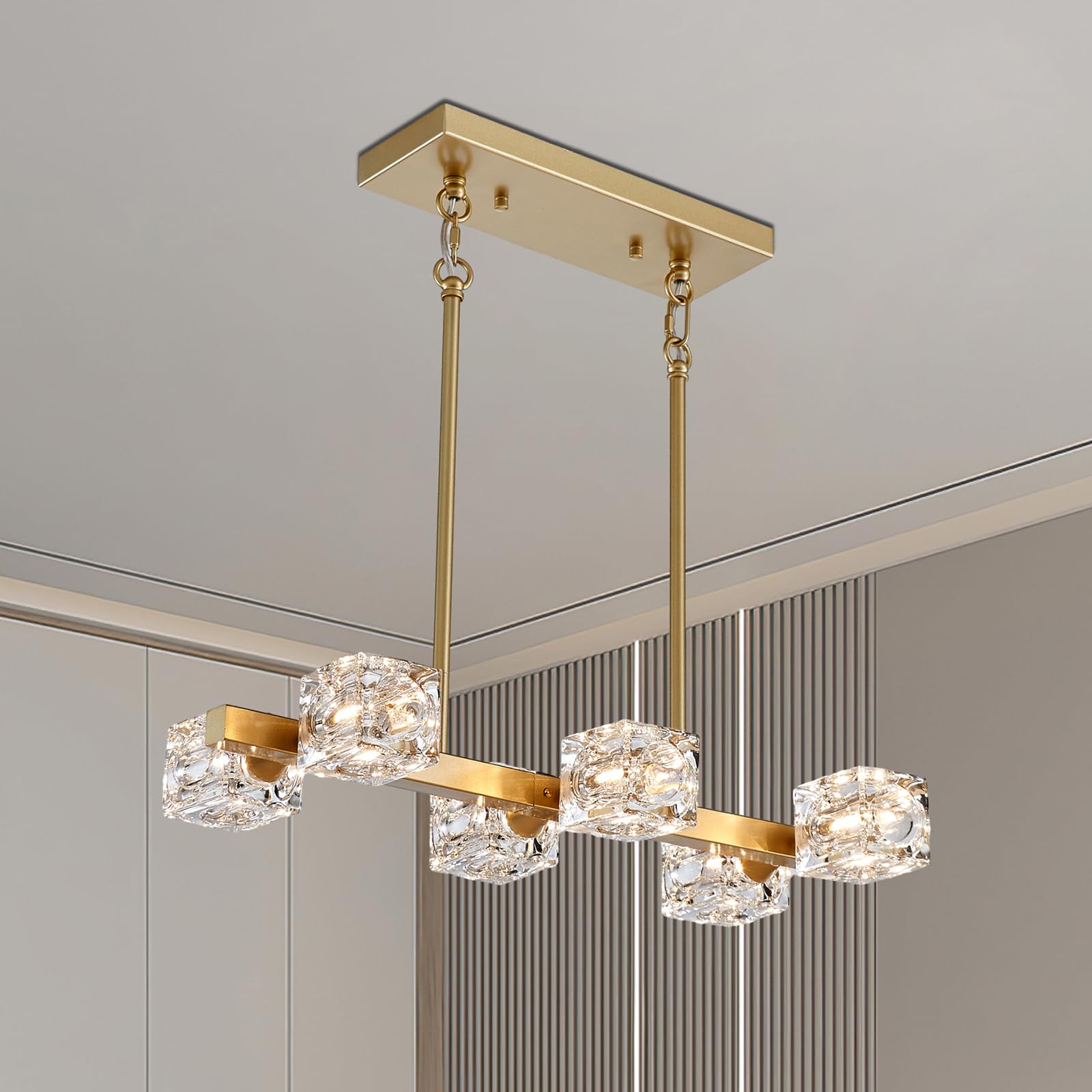 XINGQI Gold Linear Chandelier 6-Light Rectangular Metal Pendant Light for Kitchen Island, Dining Room, Living Room, Bedroom