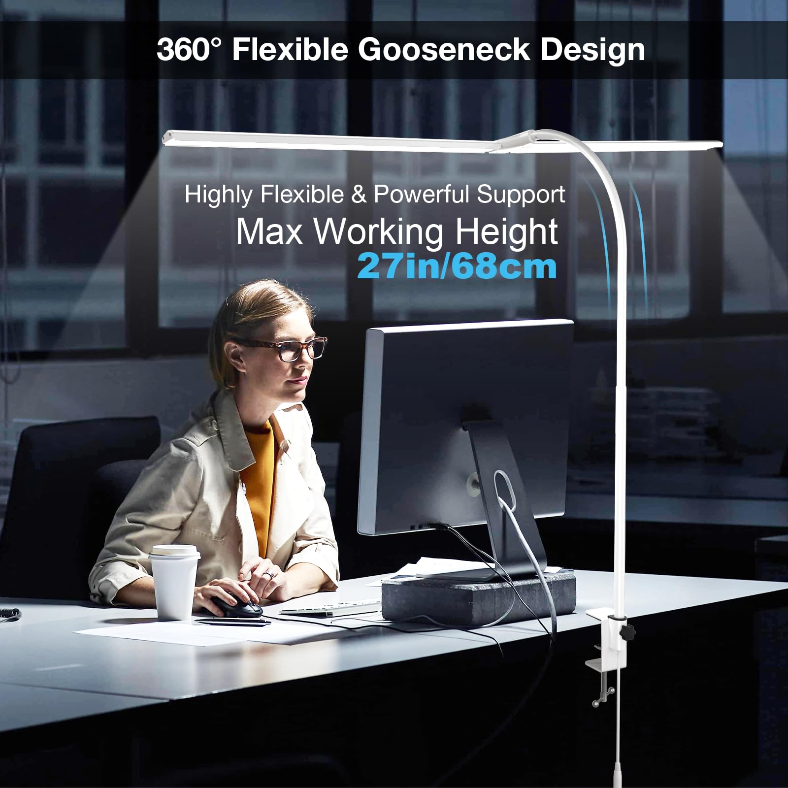 Led Desk Lamp, 31.5'' Wide Double Head Desk Lamps For Home Office, Dimmable 25 Lighting Modes 16W 1800Lm Bright Desk Lighting, E