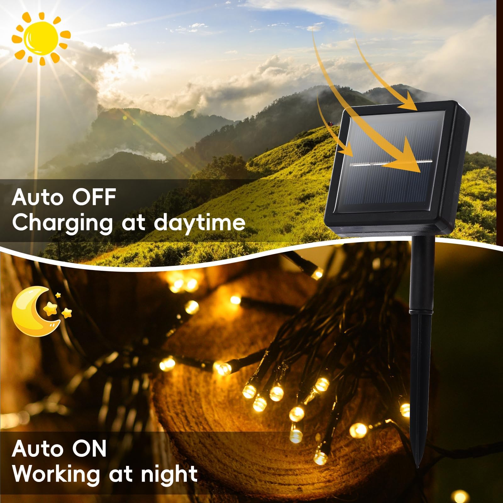 Lycklig 2 Pack Solar String Lights, 240 LEDs, 110FT, Waterproof, 8 Modes, Warm White