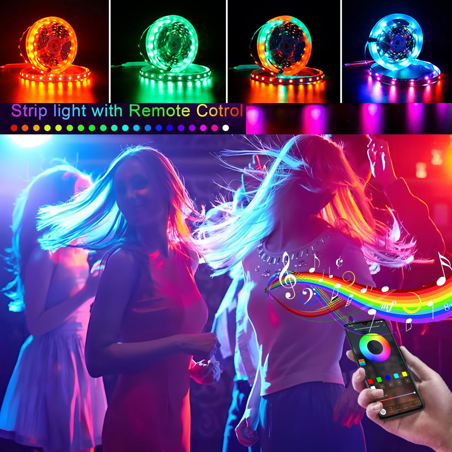 Dervacle LED Strip Lights 26ft, RGB Color Changing, USB Powered, Music Sync, Cuttable, for Bedroom, TV, Party, Multicolor