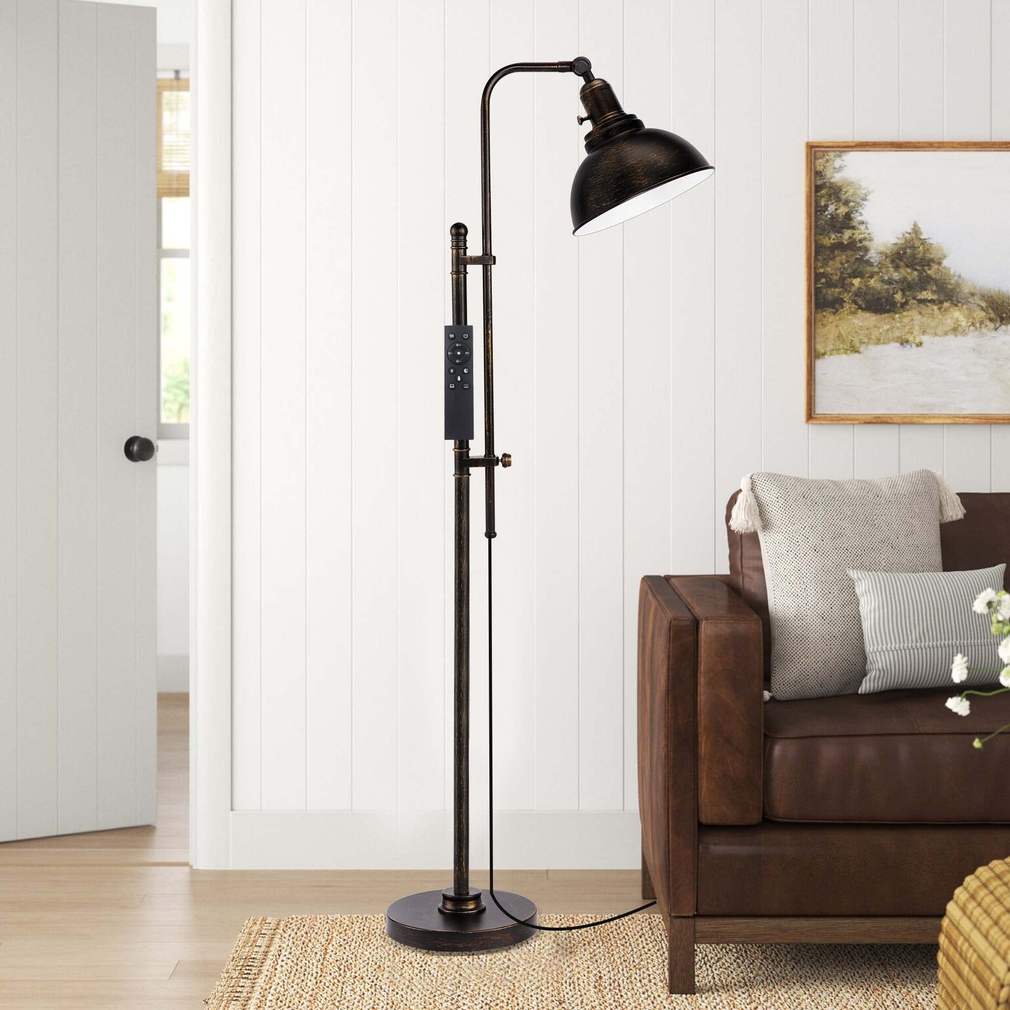 Partphoner Industrial Floor Lamp - Adjustable Rustic Black Metal Shade, Remote Control, Modern Design For Living Room, Bedroom, Office