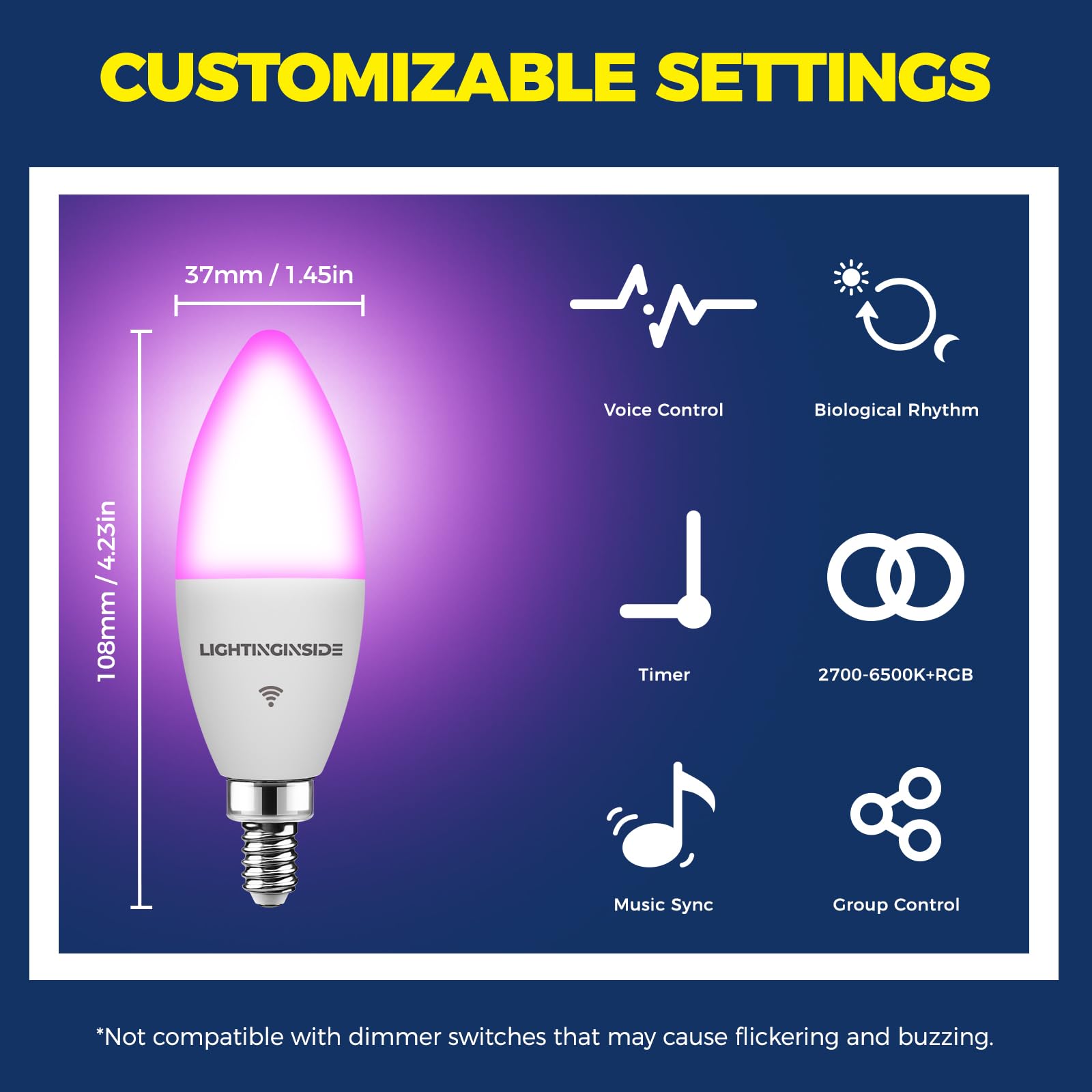 Lightinginside E12 Smart Light Bulbs 60W Equiv., Work with Alexa/Google Home/Smart Life, 500LM 6W RGBCW Candle Candelabra LED Li