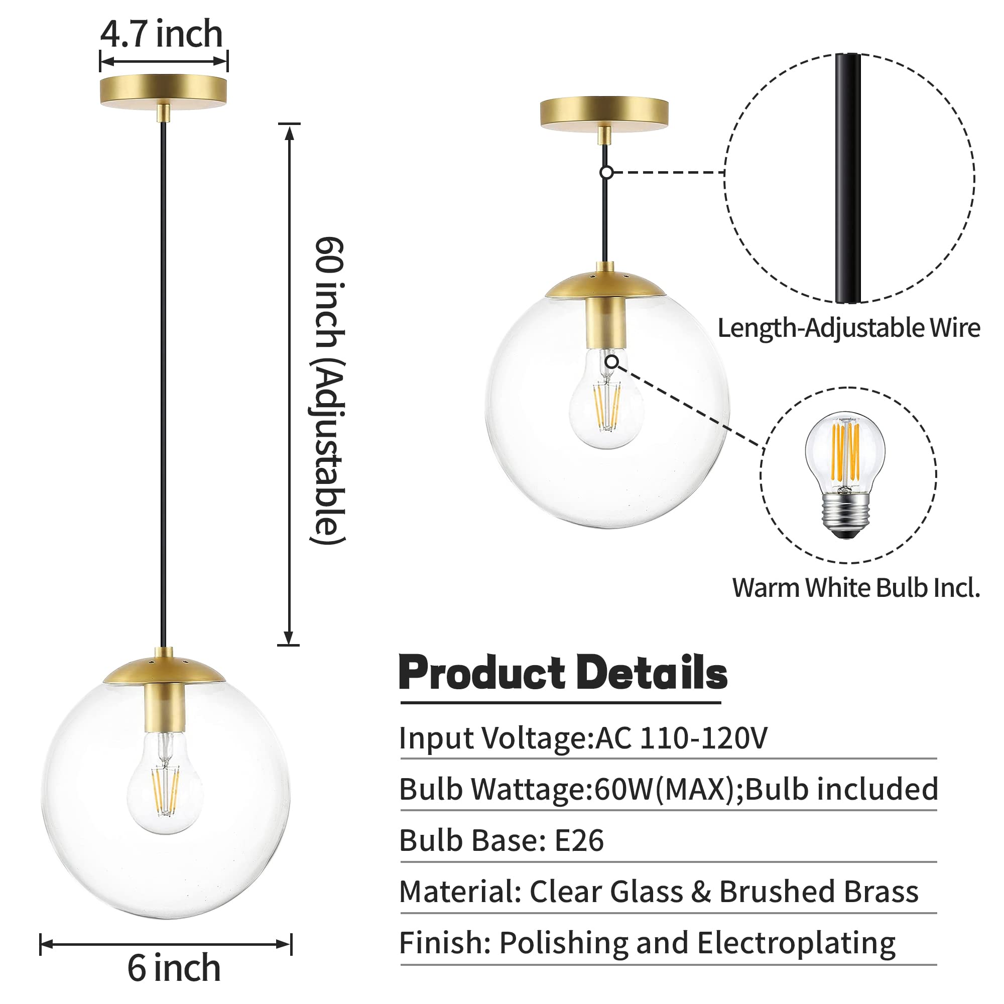 Koko&Yukina 6&quot; Mini Globe Pendant Light - Clear Glass & Brass, Adjustable Modern Fixture