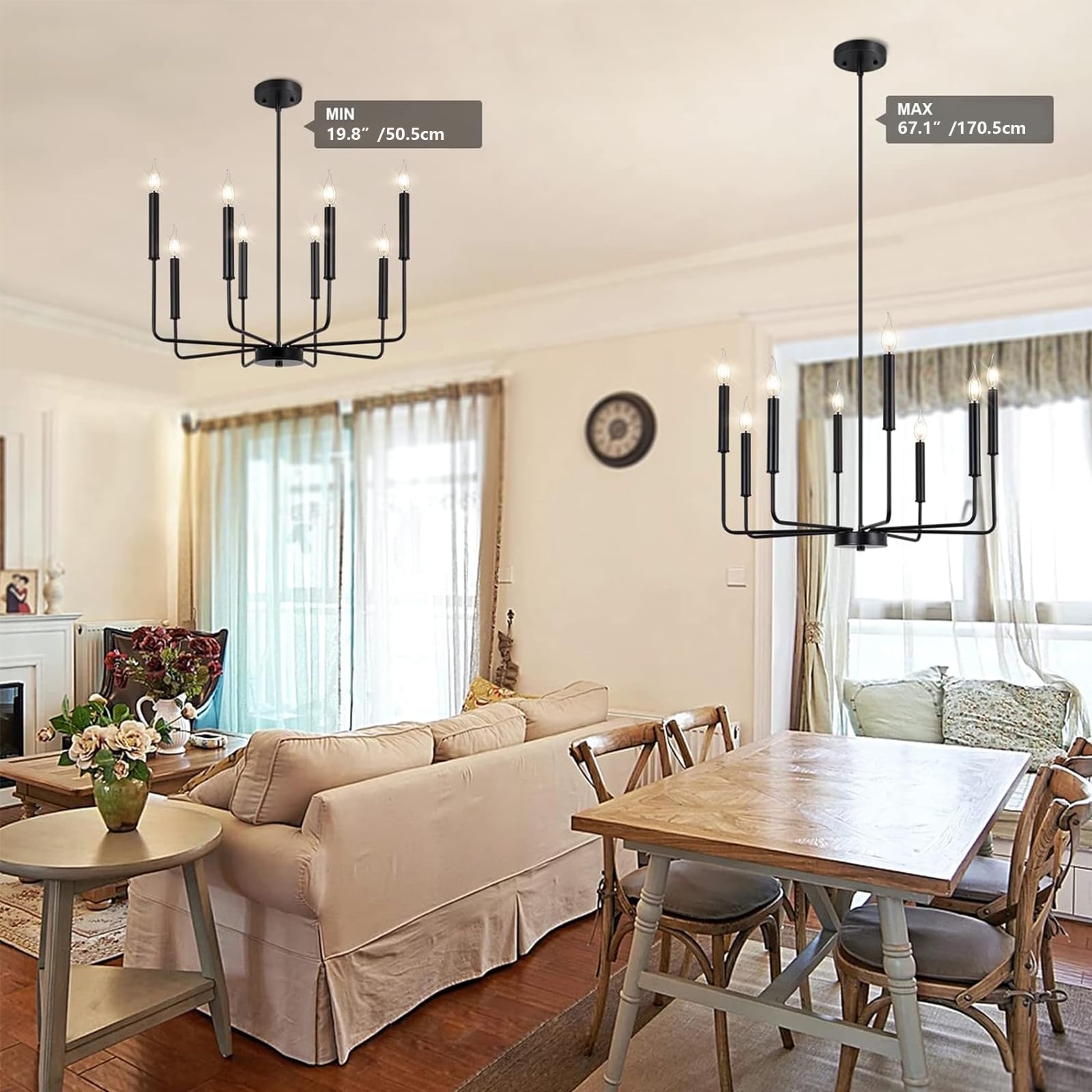 Woknos Modern Black Farmhouse Chandeliers, 8-Light Industrial Metal Chandelier Lighting, Classic Candle Hanging Pendant Light Fi