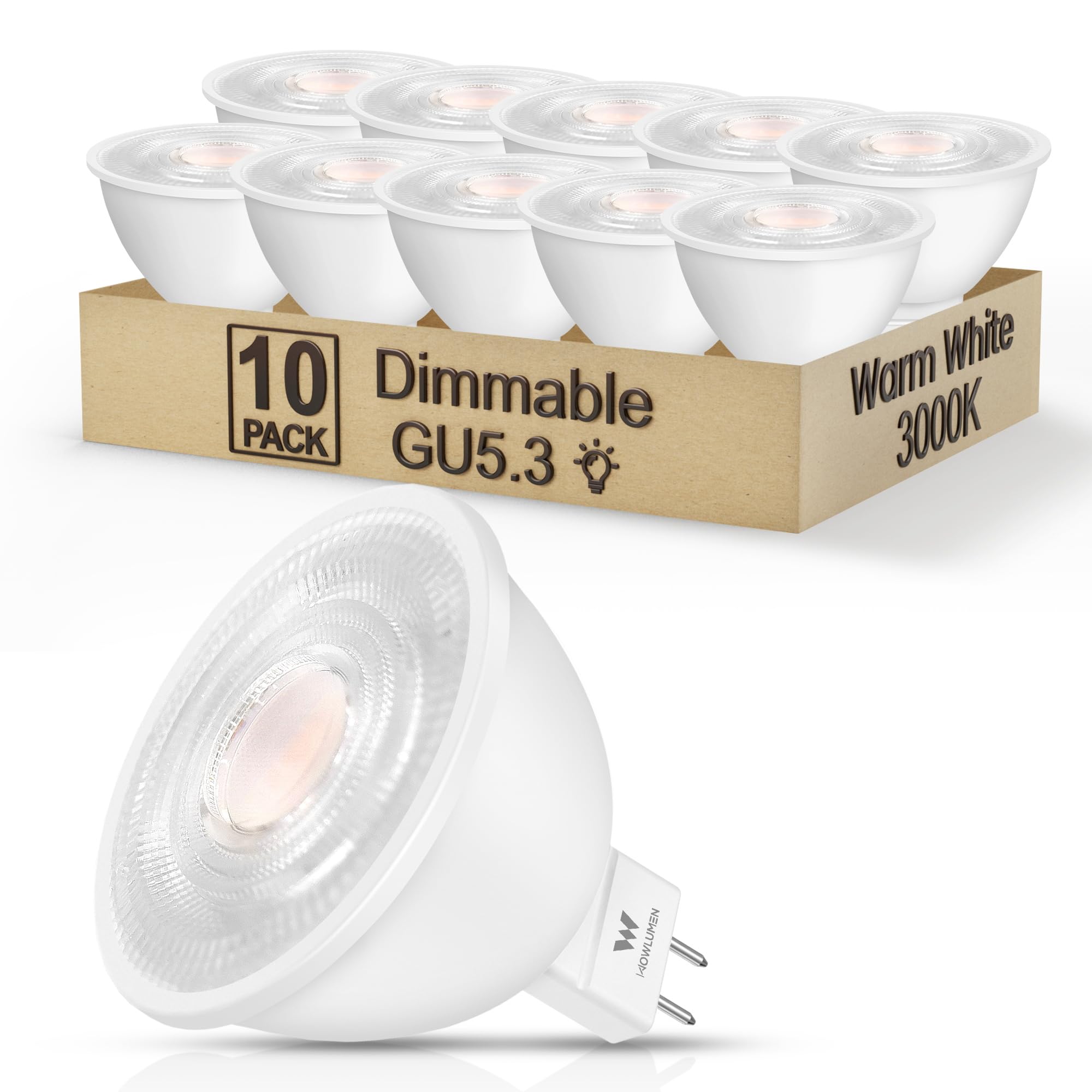 Wowlumen 10 Pack Dimmable Mr16 Led Bulbs, 5W 12V Led Lightbulb, 3000K Warm White, 500 Lumens, Instant On, Gu5.3 Bi-Pin Base, 40 