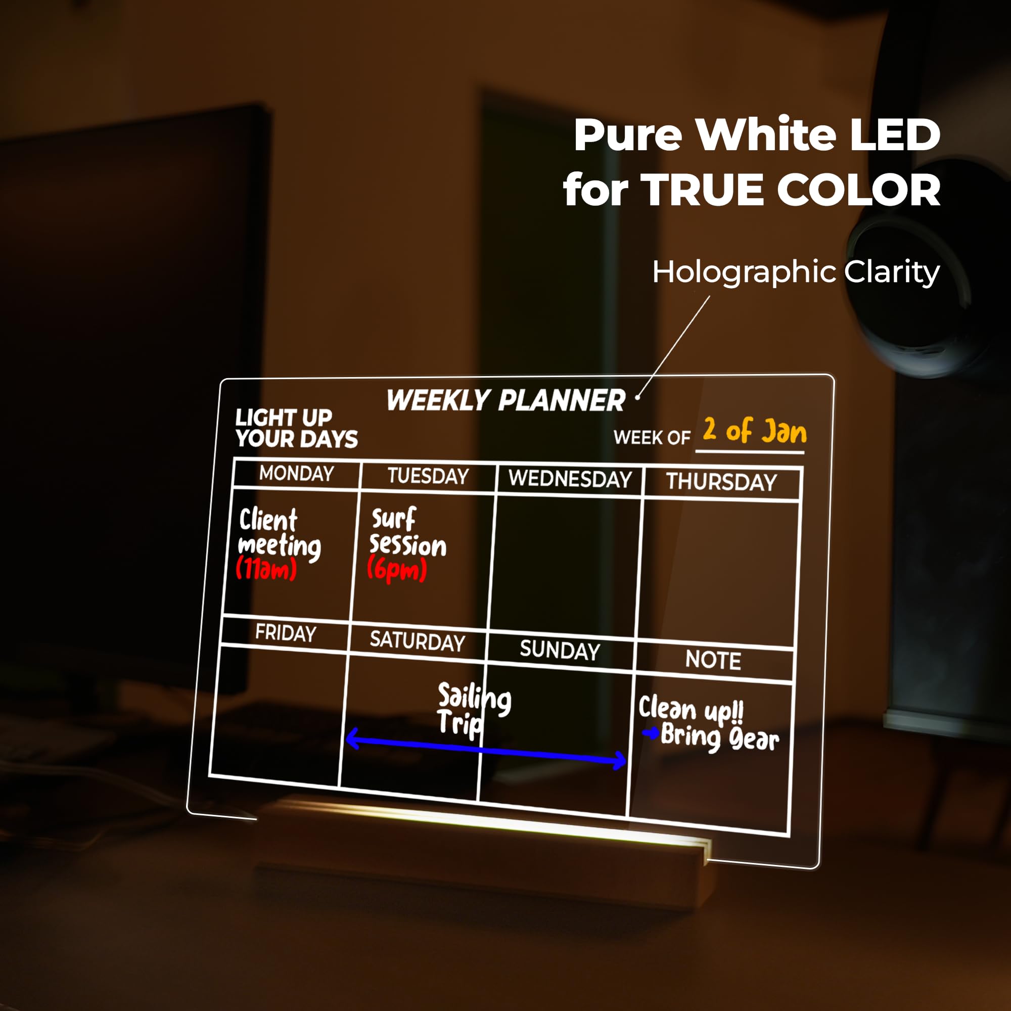 Memelight Acrylic Dry Erase Weekly Planner With Light 13 X 9 - Led Memo Display And Notepad Lamp For Clear Reminders - Acrylic L