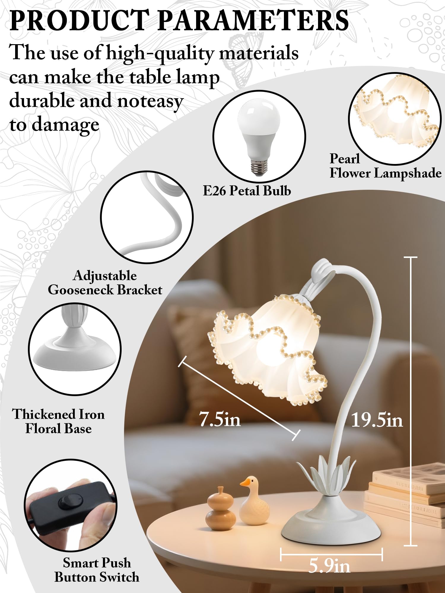 Aqdzcnf Flower Table Lamp Led Reading Light Bedside Vintage Flower Night Light 3 Colors Modes Kawaii Bedside Lamps Decor Living Room Bedroom Room Lighting Table Lamps Home Decoration (White Pearls)
