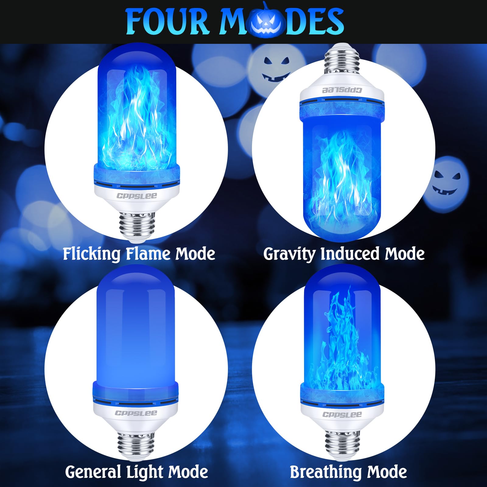 CPPSLEE LED Flame Light Bulbs, 4 Modes Flickering, E26 Base, 4 Pack, Blue