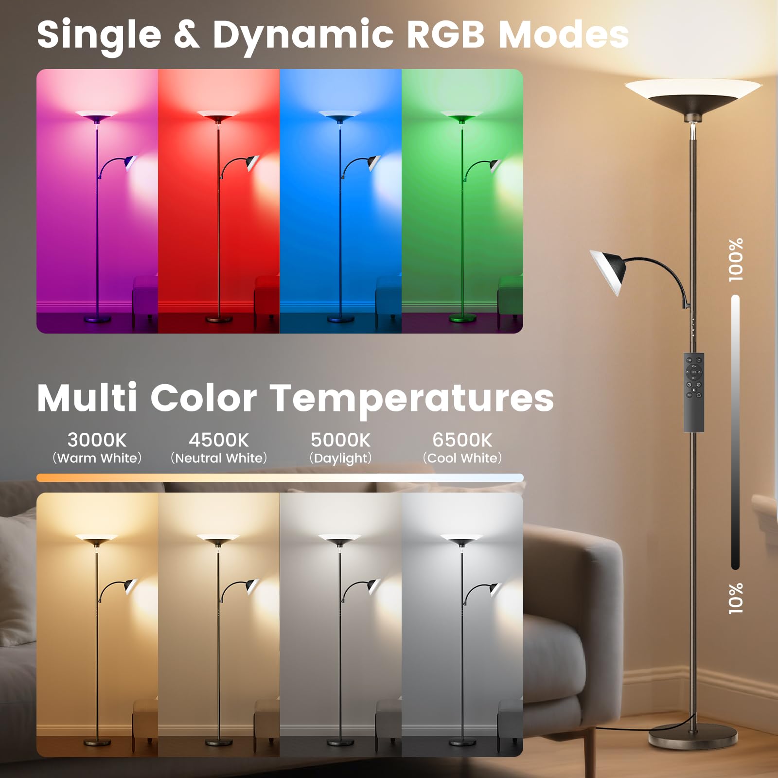 SIBRILLE RGB Torchiere Floor Lamp - 34W Dimmable LED, 72'' Tall, Black Metal, Remote & Button Control, Model MF30021.3