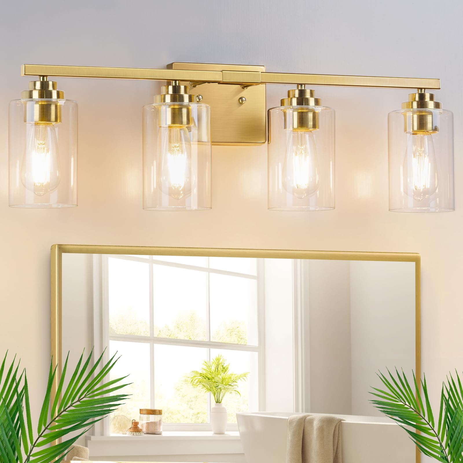 4-Light Bathroom Light Fixtures, 27'' Modern Vanity Lights Over Mirror With Clear Glass Shades, Gold Wall Sconce, Classic Wall L