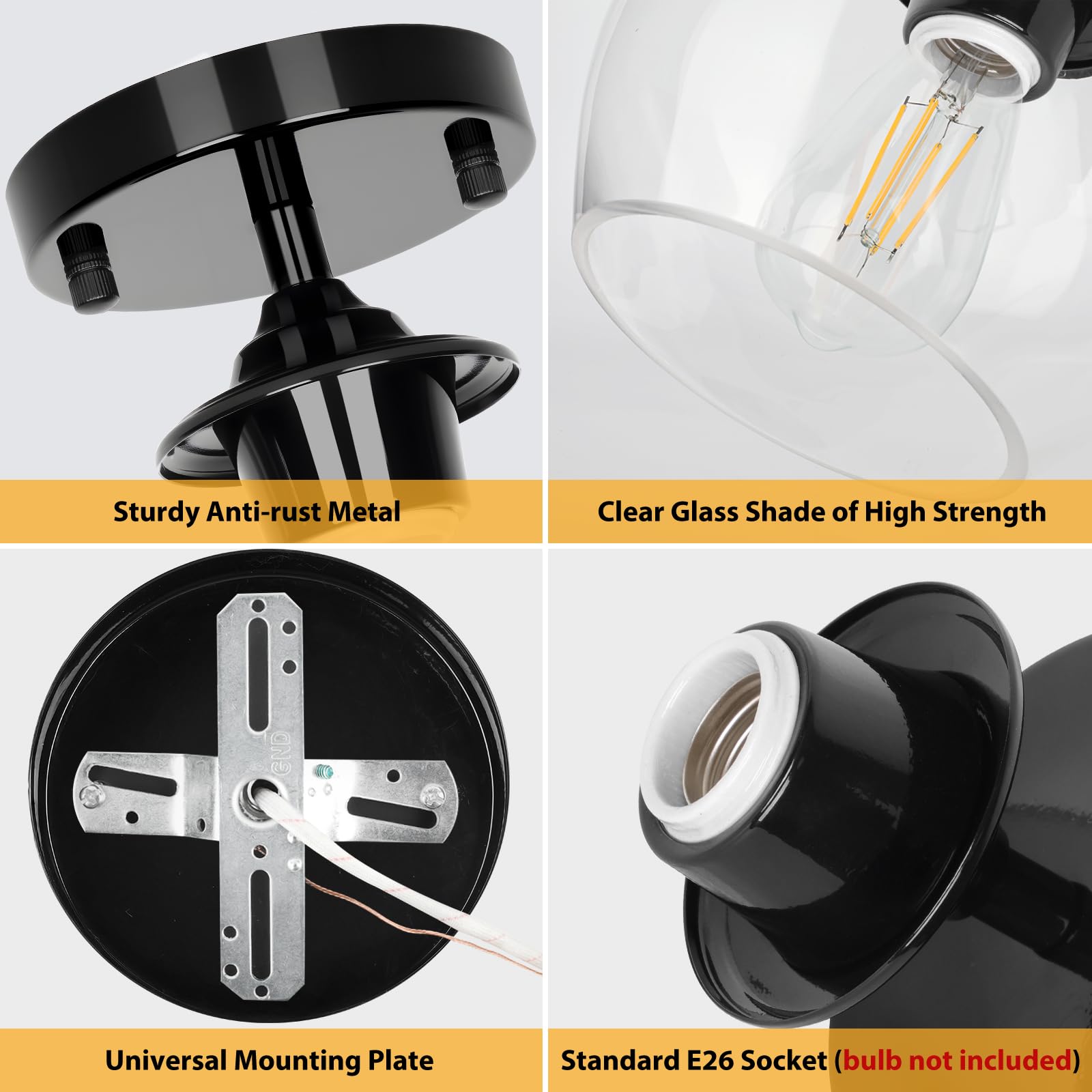 BesLowe Modern Semi Flush Mount Ceiling Light, Black Glass Shade, Model C2508-01-BK, Ideal for Hallway, Bedroom, Dining Room, Foyer