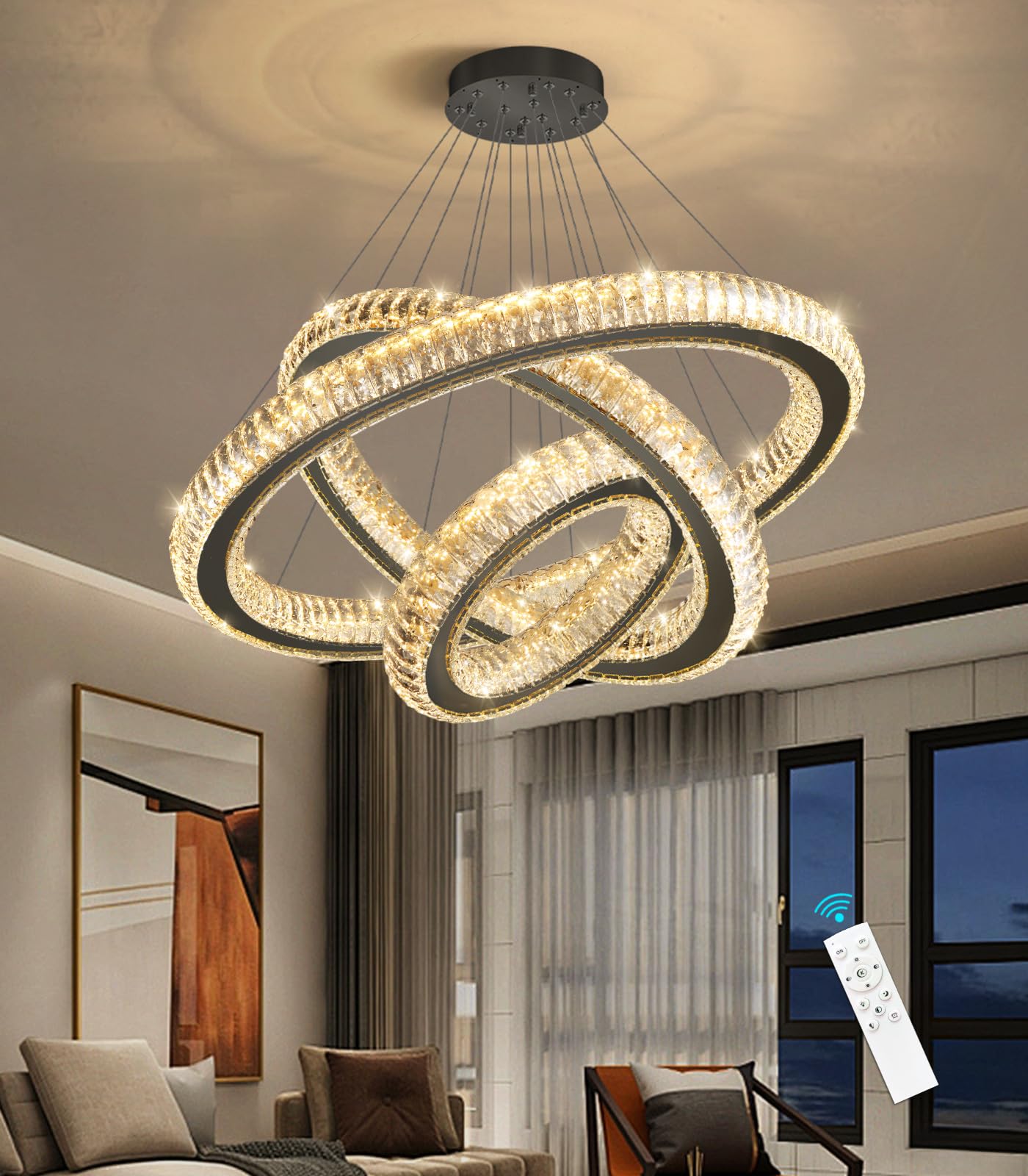 HAIXIANG 3 Rings Chandelier Modern Dimmable High Ceiling Large Ring Chanderliers Entryway Crystal Pendant Lights for Entryway Foyer Living Room Black Light