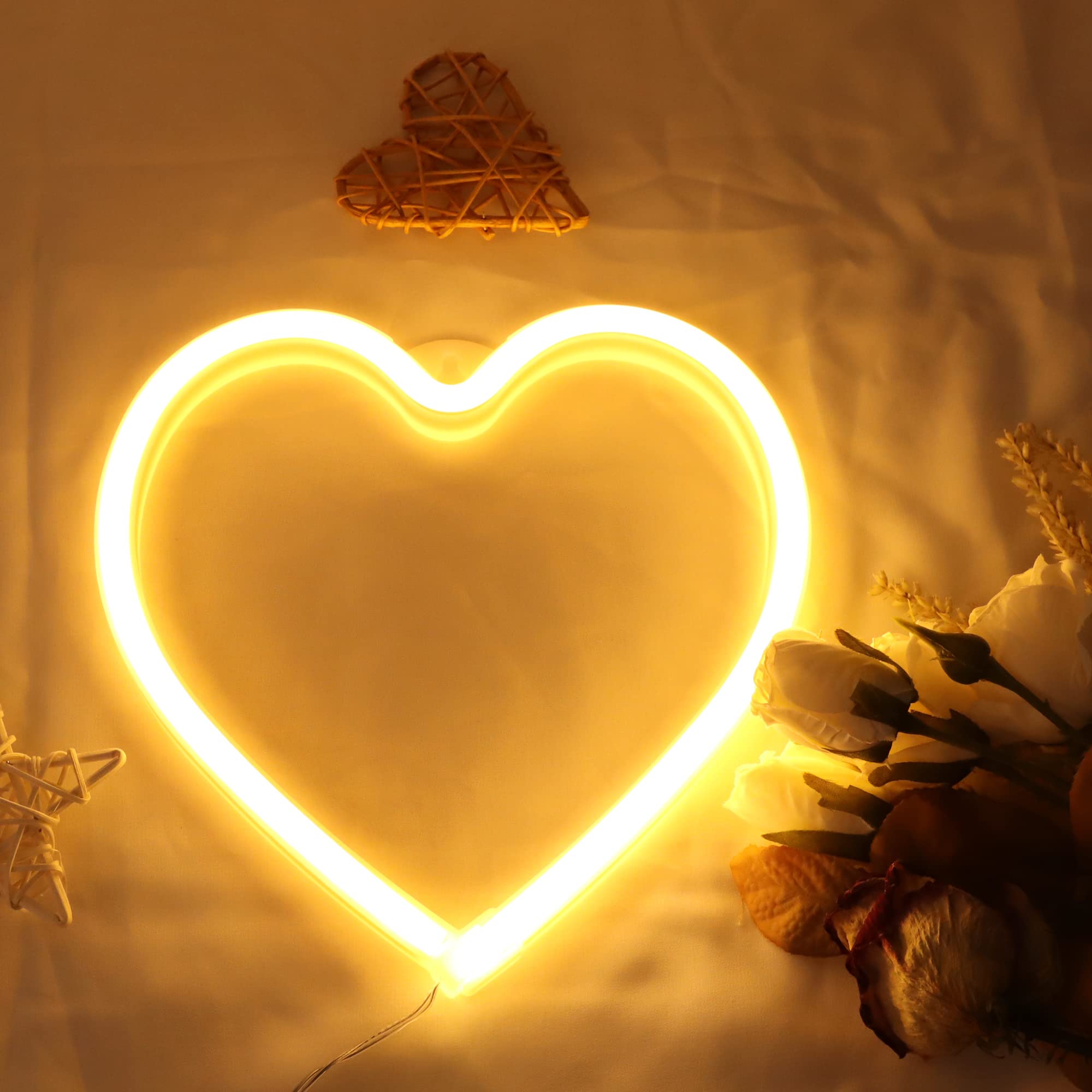 Love Heart Neon Sign Light,LED Neon Lamp with Warm Yellow Light Color Powered by USB Cable Sign Neon Night Light for Room Wall H