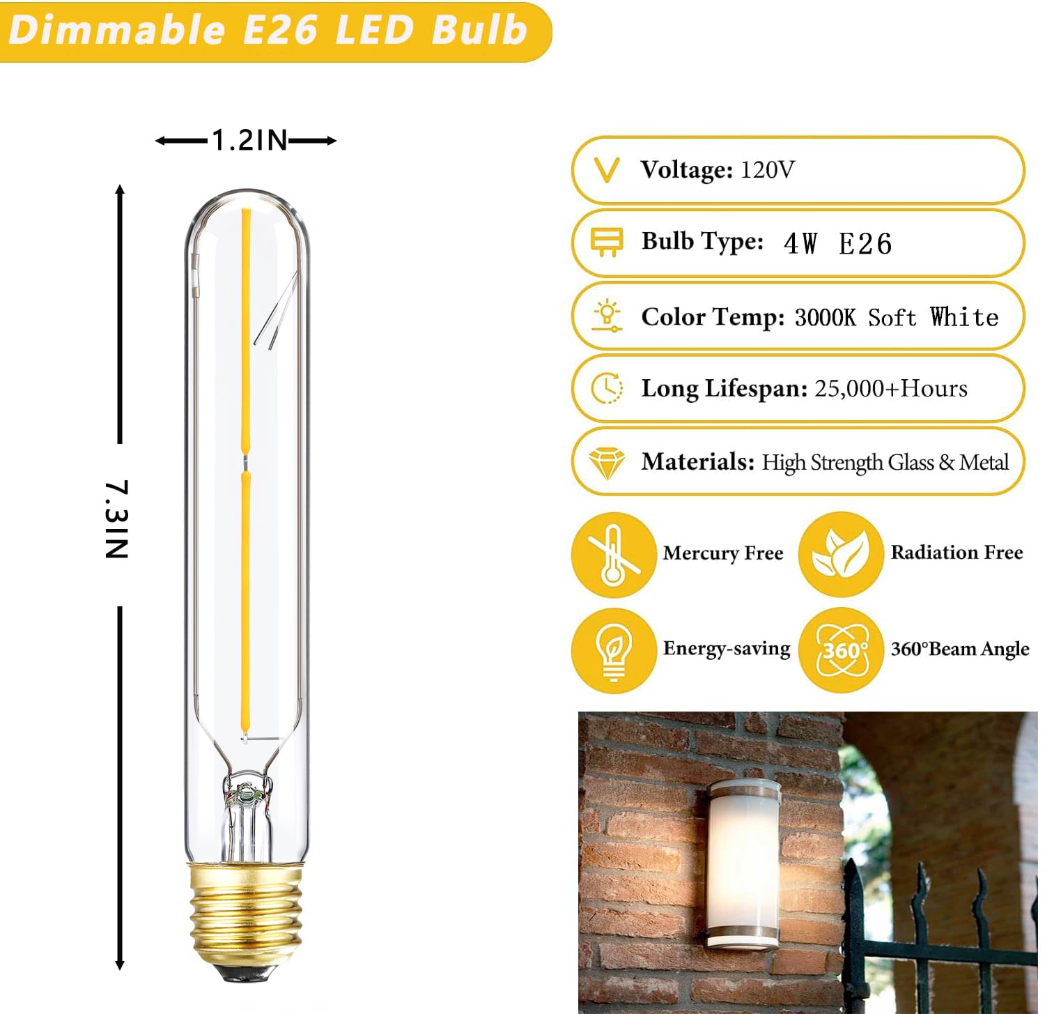 Homosum T10 Long Led Bulb 4W Equal 40 Watt, Dimmable Soft White 3000K E26 Edison Led Bulb, Ac120V 400Lm Tubular Light Bulb For R