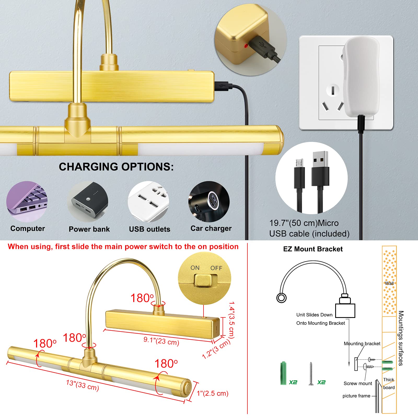 Luxsway Wireless Picture Lights For Paintings,Recgargeable Battery Art Display Light With Remote Control,Dimmable And Timer Off