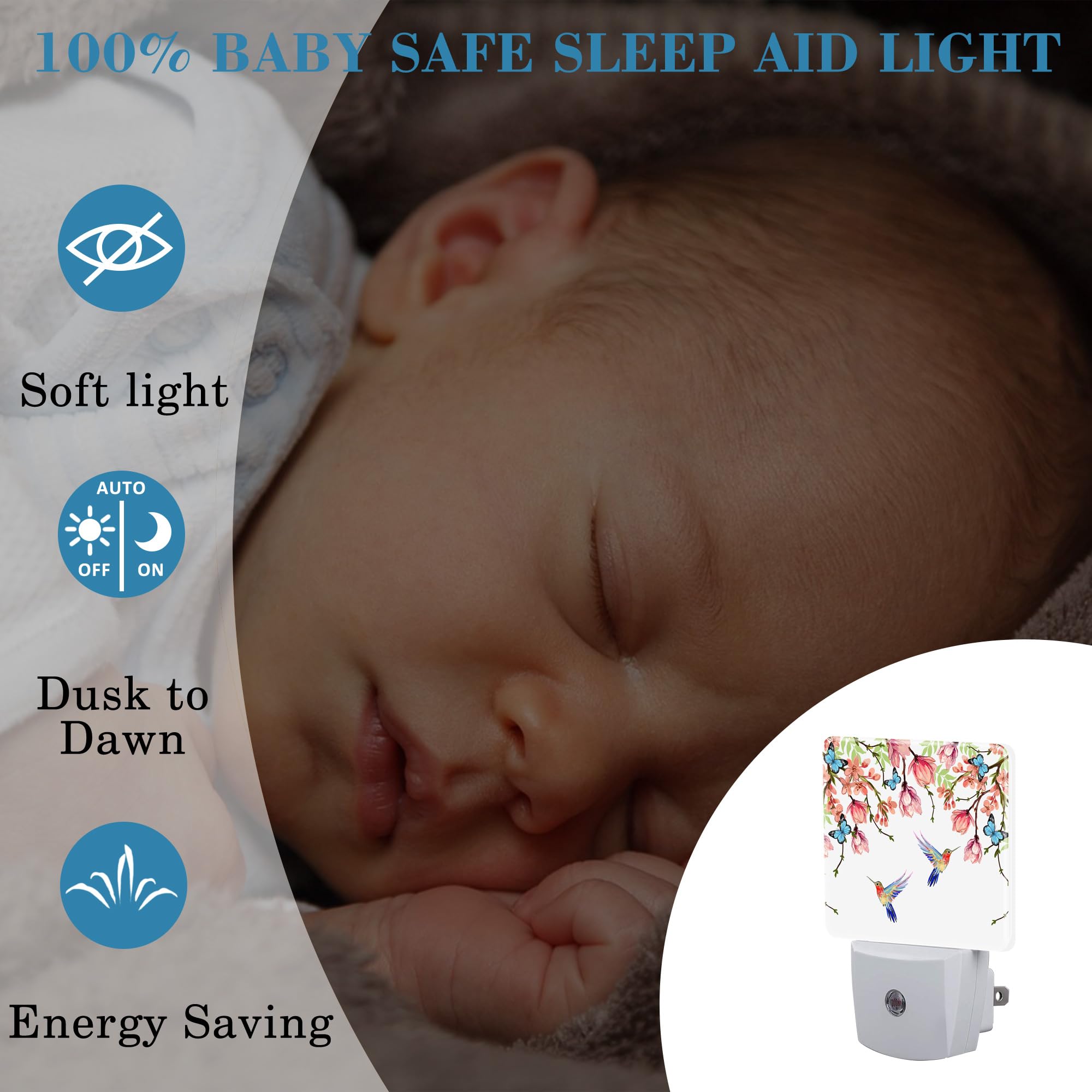 Uiaoiais Hummingbirds And Blue Butterflies Night Light Plug Into Wall With Dusk To Dawn Sensor Cute Nightlight For Kid Girls Boy