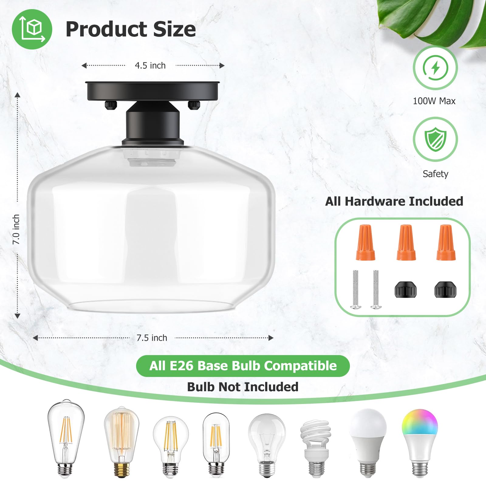 Tobusa Semi Flush Mount Ceiling Light 2 Pack, Industrial Ceiling Light Fixture With Clear Glass Pendant Lamp Shade, Farmhouse Ha