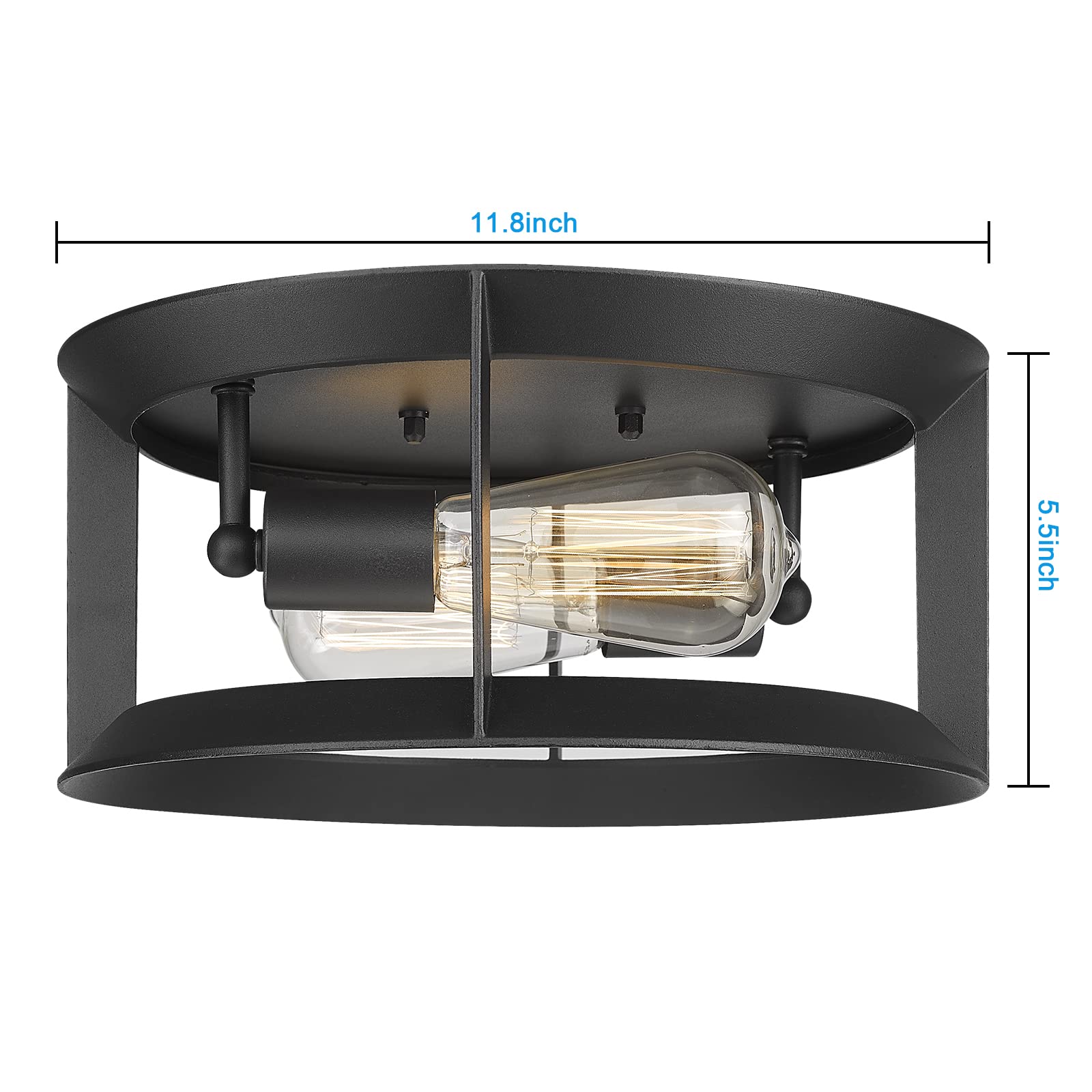 Darkaway Flush Mount Ceiling Light, 2-Light E26, Industrial Metal, Matte Black, Model 6X14F BK, for Indoor/Outdoor Use