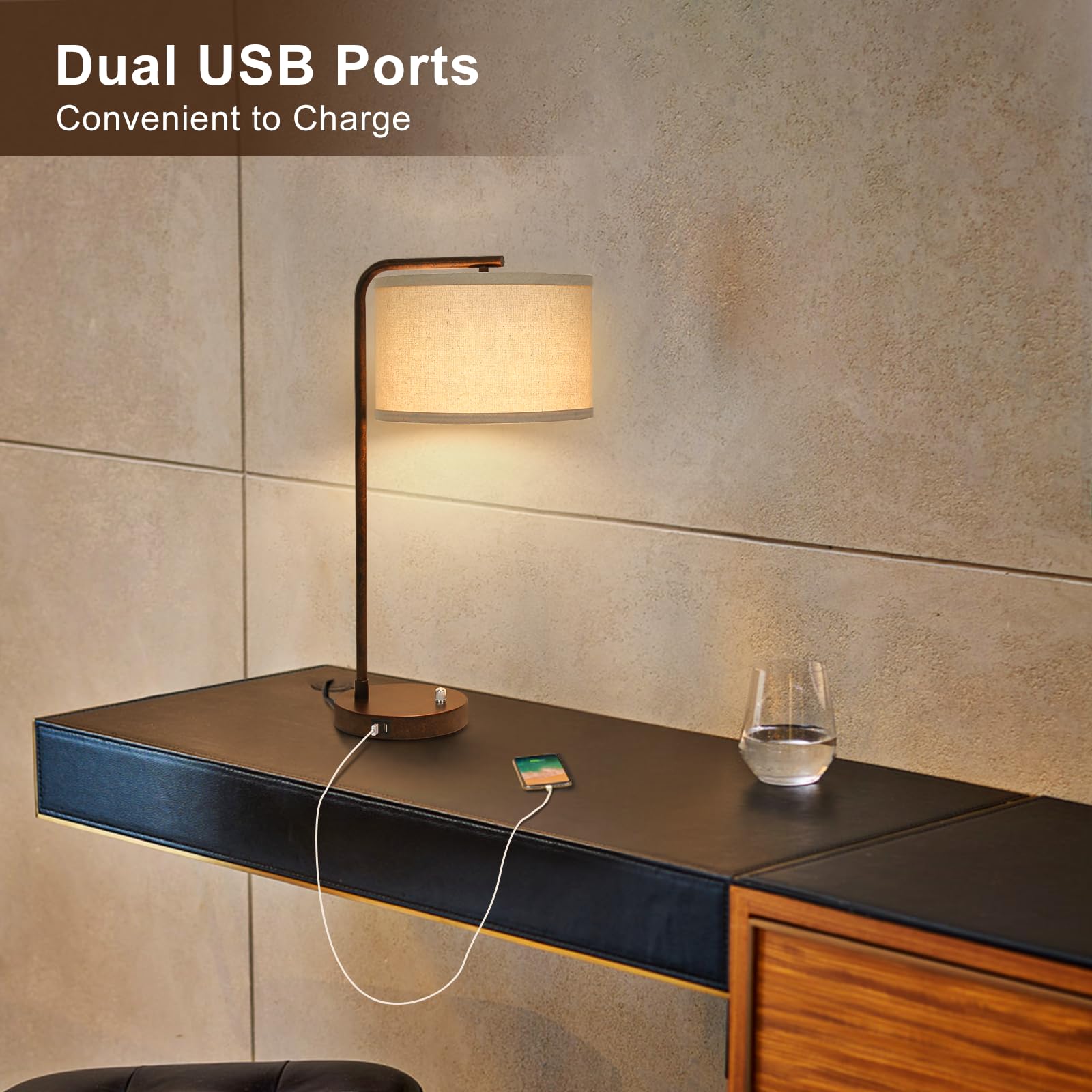 Vintage Table Lamp, Fully Dimmable Table Lamp With Dual Usb Charging Ports, Farmhouse Bedside Lamp Nightstand Light, Tall Readin