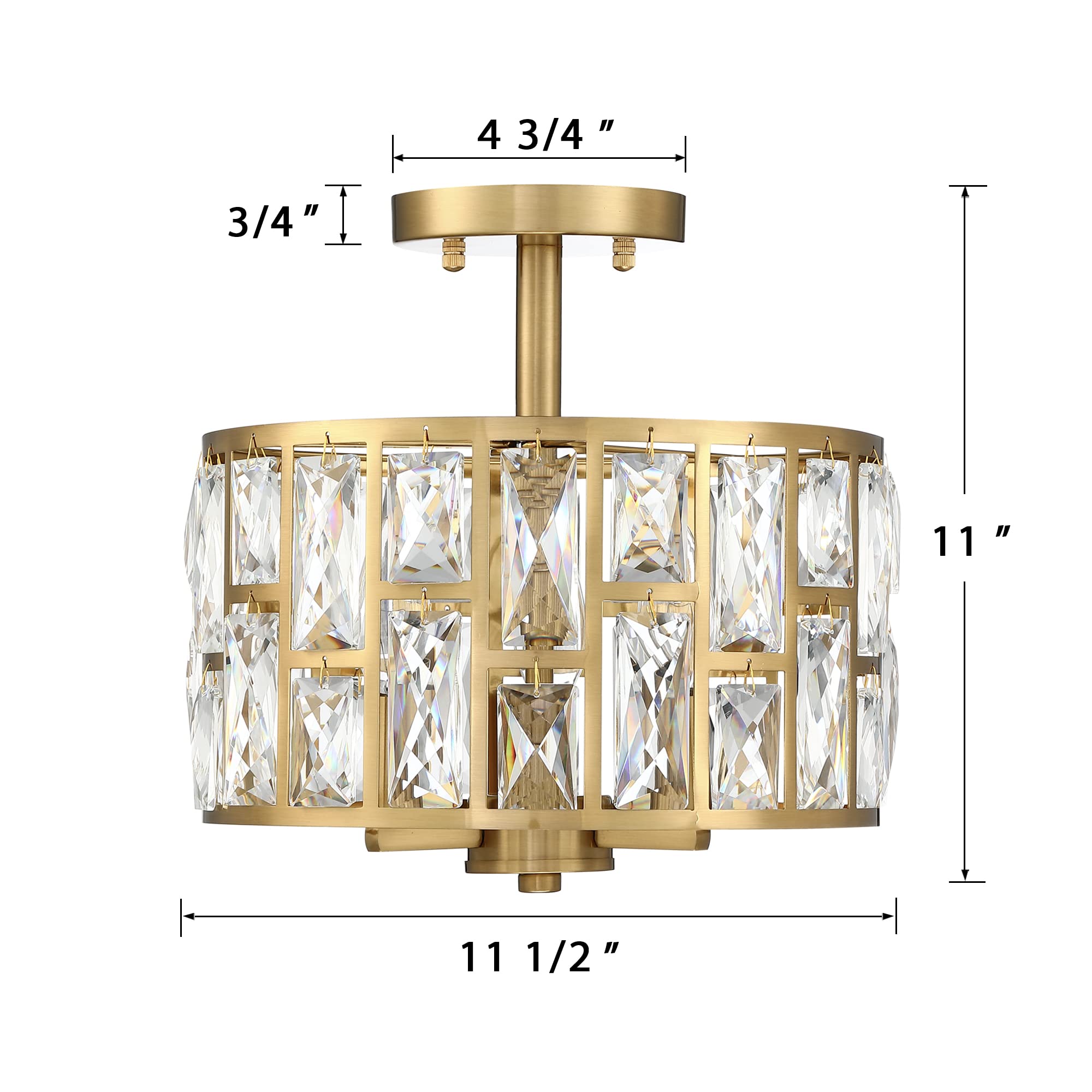 Mexo Gold Crystal 3-Light Semi Flush Mount Ceiling Light Fixture For Kitchen And Living Room