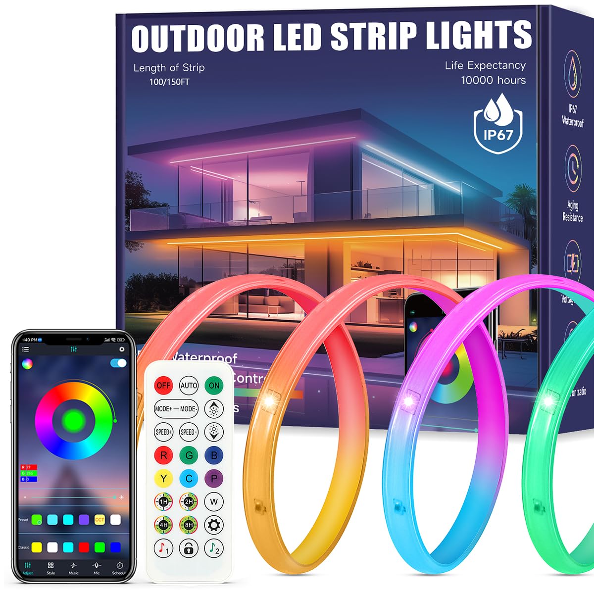 ATHONO Outdoor LED Strip Lights, 100FT RGB Waterproof, IP67, Remote/App Control, Multicolor, Model YadingFSRGB30M