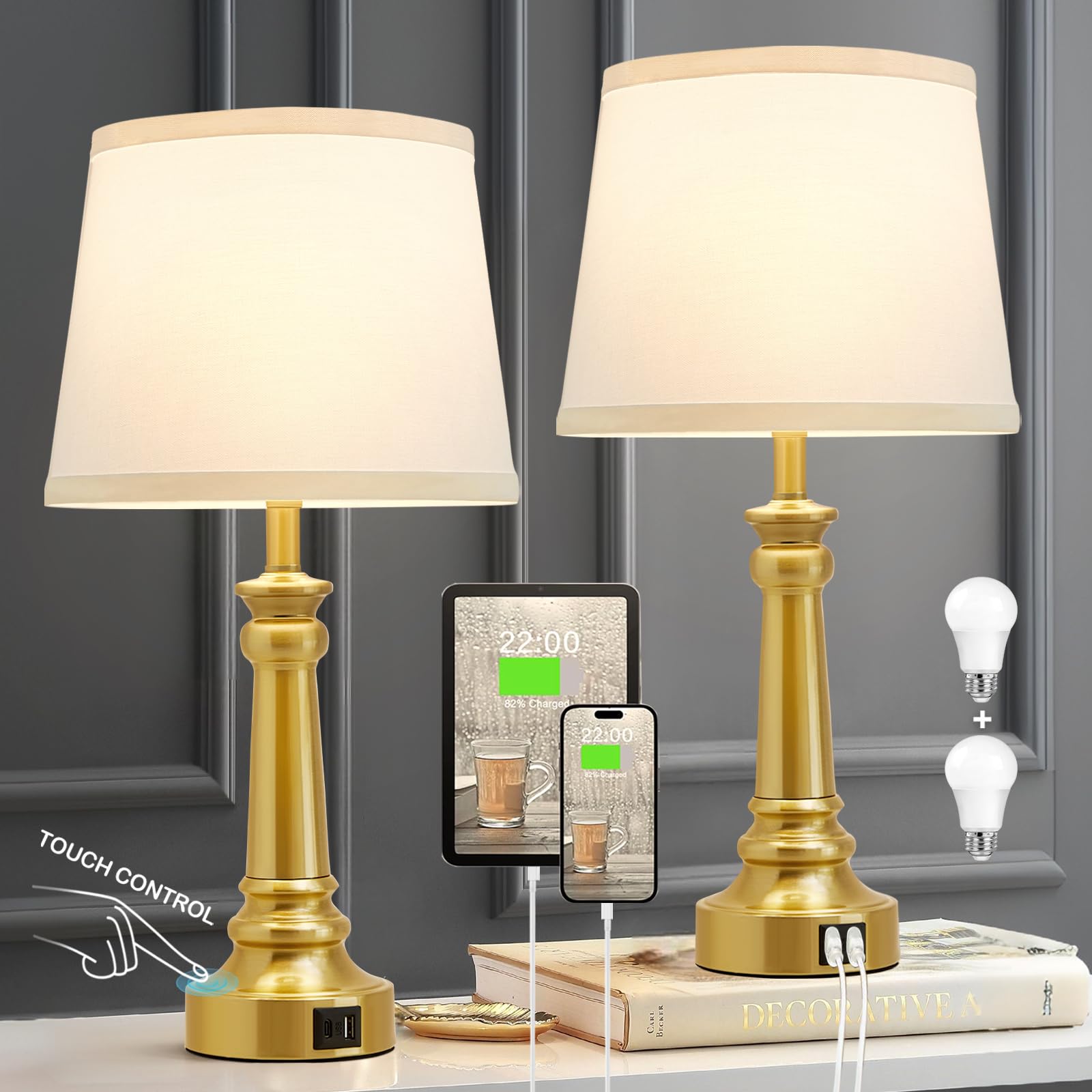 Ejiaxin Touch Lamps For Nightstand Set Of 2 - Gold Table Lamp For Bedroom 3 Way Dimmable Bedside Lamps With Usb C+A Ports - Lamp