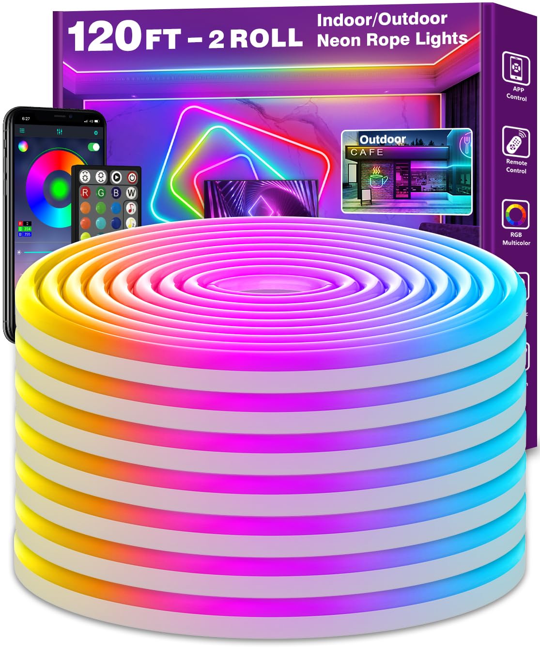 LETIANPAI 120Ft Neon Rope Lights, RGB Color Changing, App/Remote Control, Music Sync, Flexible LED for Bedroom/Outdoor