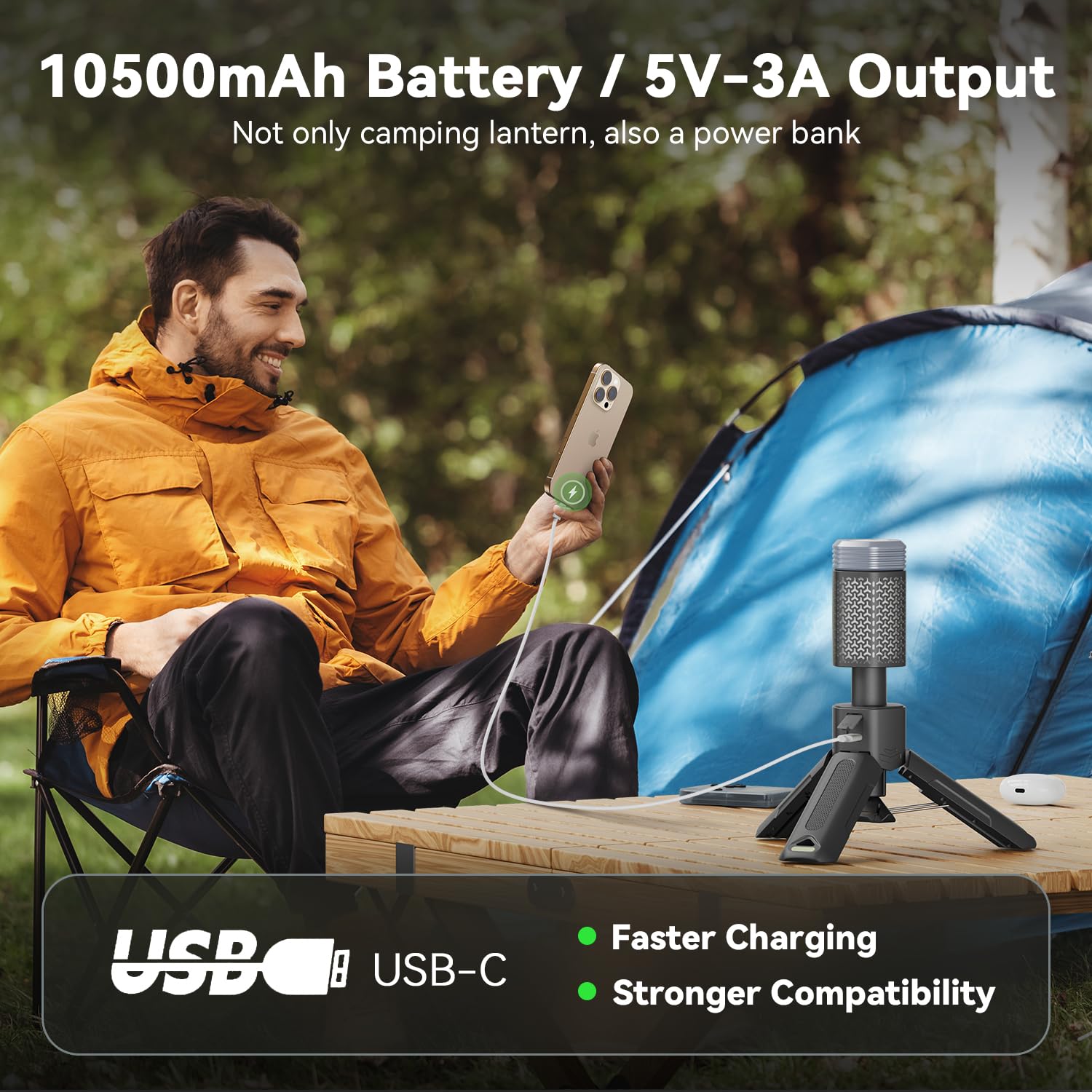 MORIKO Telescopic Camping Lantern, 10,500mAh Rechargeable, IP67 Waterproof, Portable Dark Gray Light for Hiking and Emergencies